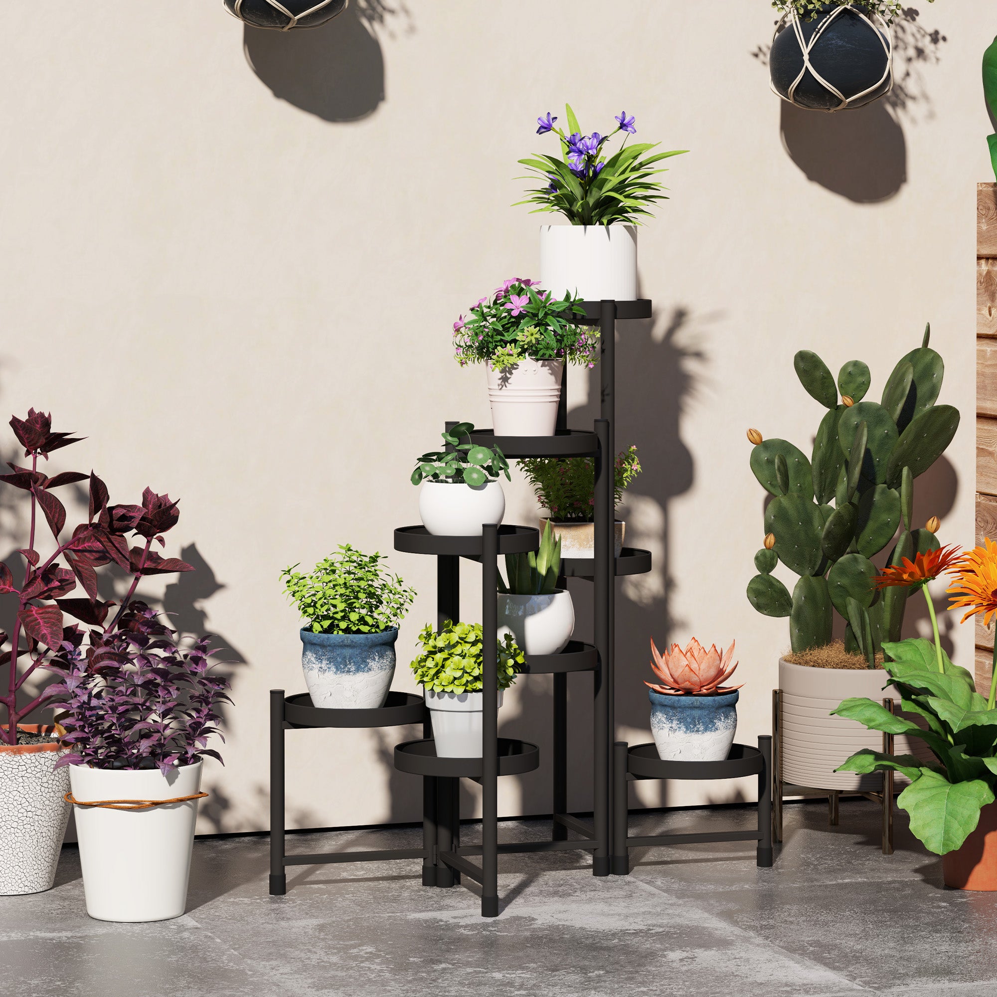 Indoor Plant Stand Steel, 8 Levels, Plant Shelf, Stable Triangular Structure, Foldable Design, Plant Holder, for Terrace Garden Balcony Living Room, Black