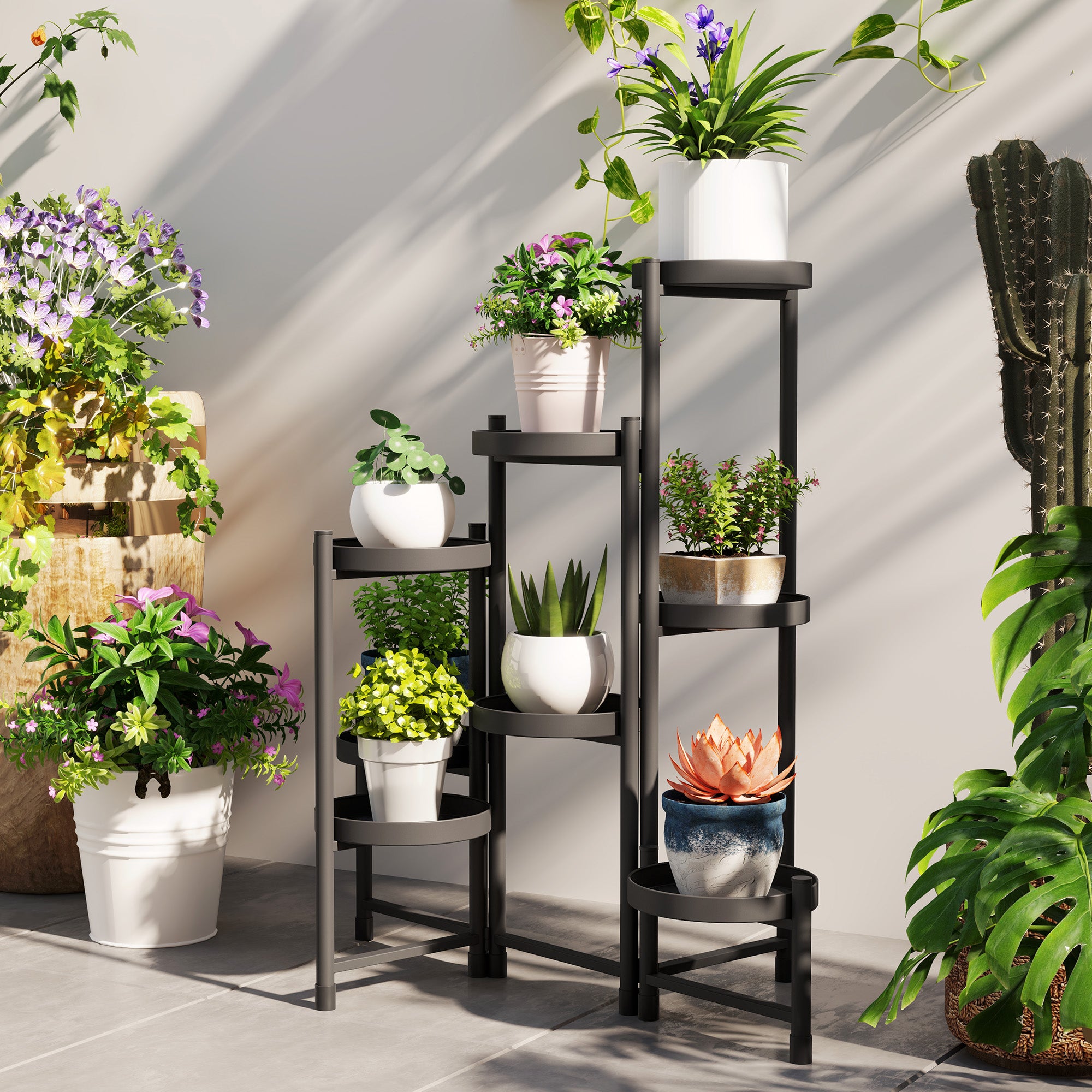 Indoor Plant Stand Steel, 8 Levels, Plant Shelf, Stable Triangular Structure, Foldable Design, Plant Holder, for Terrace Garden Balcony Living Room, Black