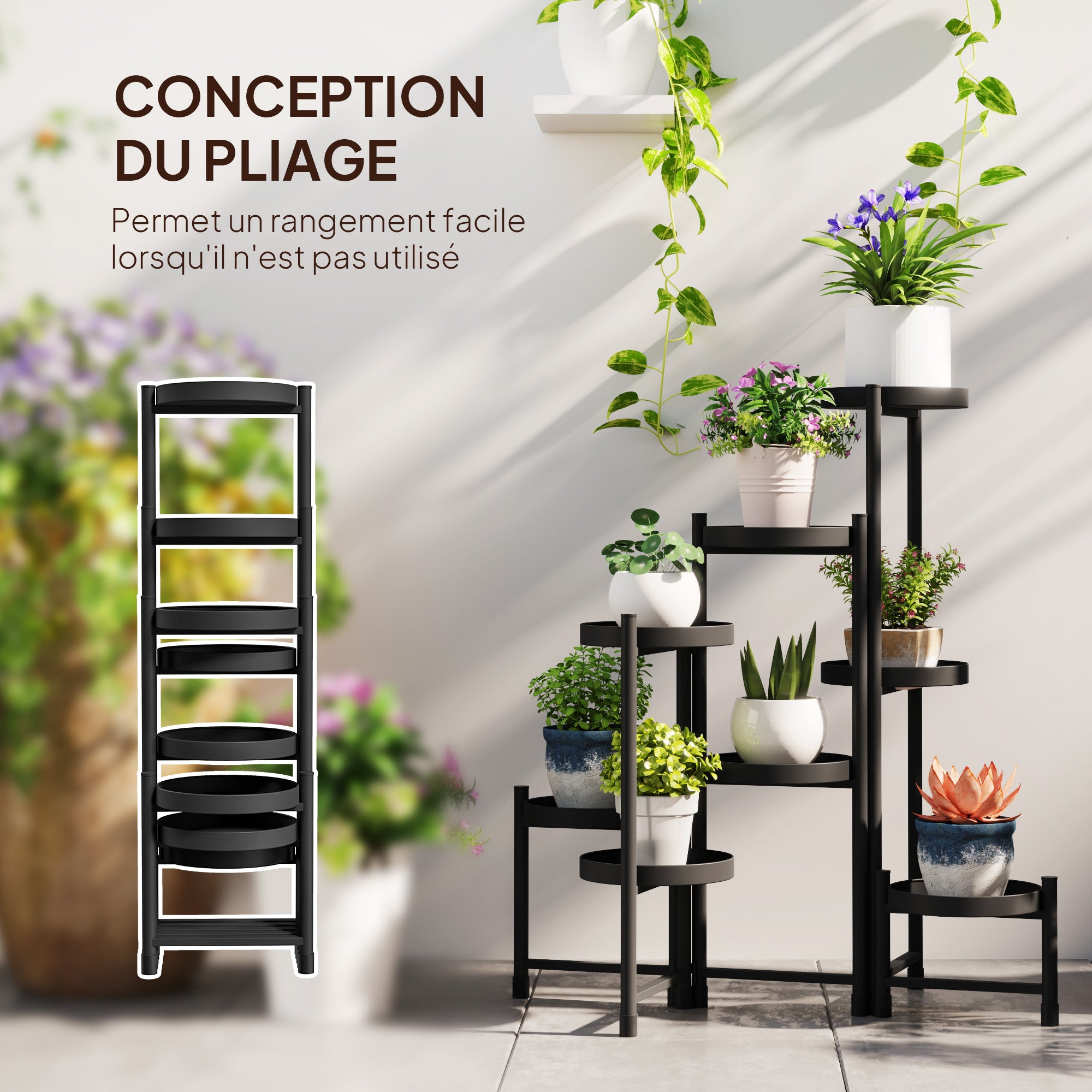 Indoor Plant Stand Steel, 8 Levels, Plant Shelf, Stable Triangular Structure, Foldable Design, Plant Holder, for Terrace Garden Balcony Living Room, Black
