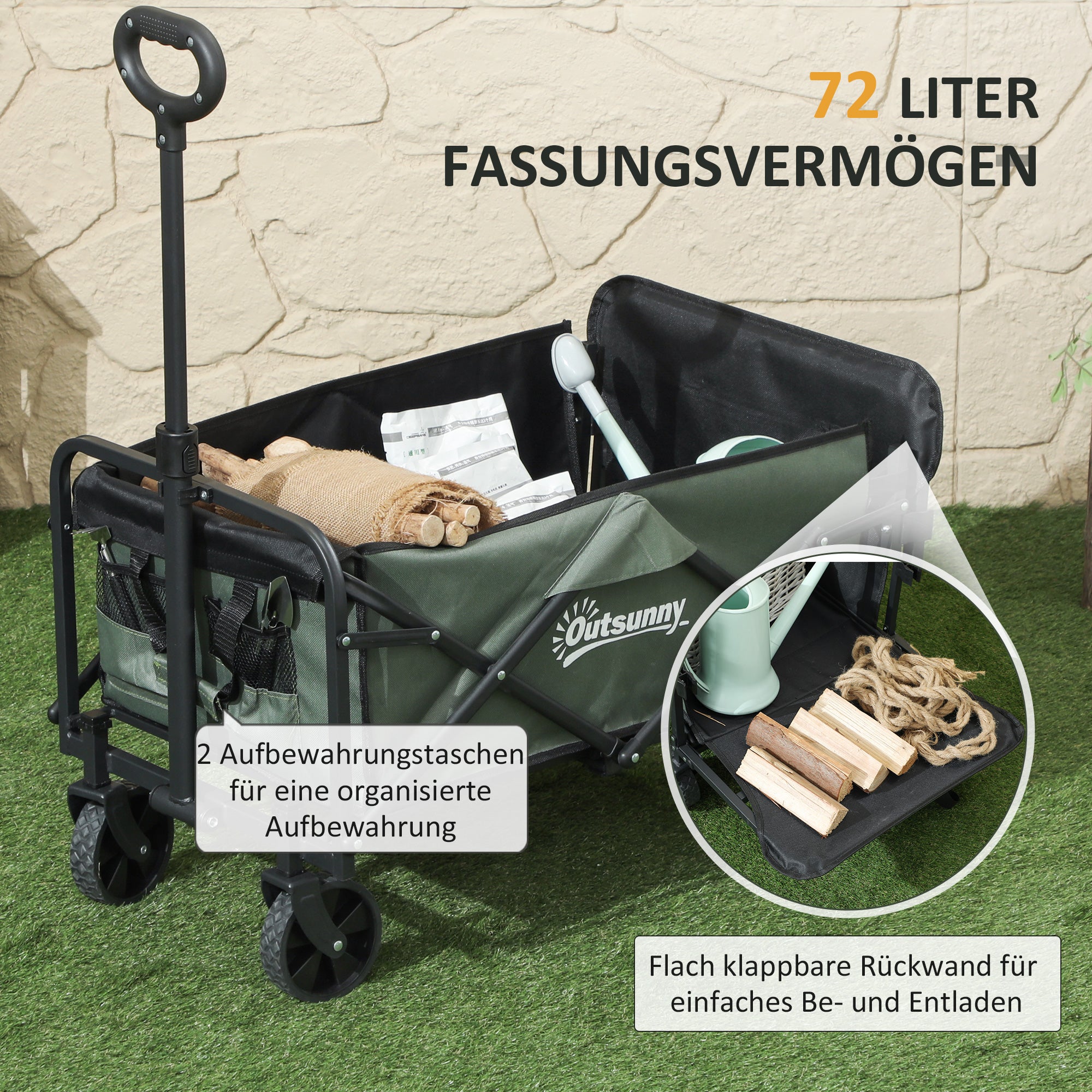 Garden Cart 90 kg Load Capacity, Foldable Transport Wagon with Removable Canopy, Handle, Wheels, Swivel Axle, Beach Cart Hand Wagon Garden Cart 72 Liter Equipment Cart for Home Garden, Green