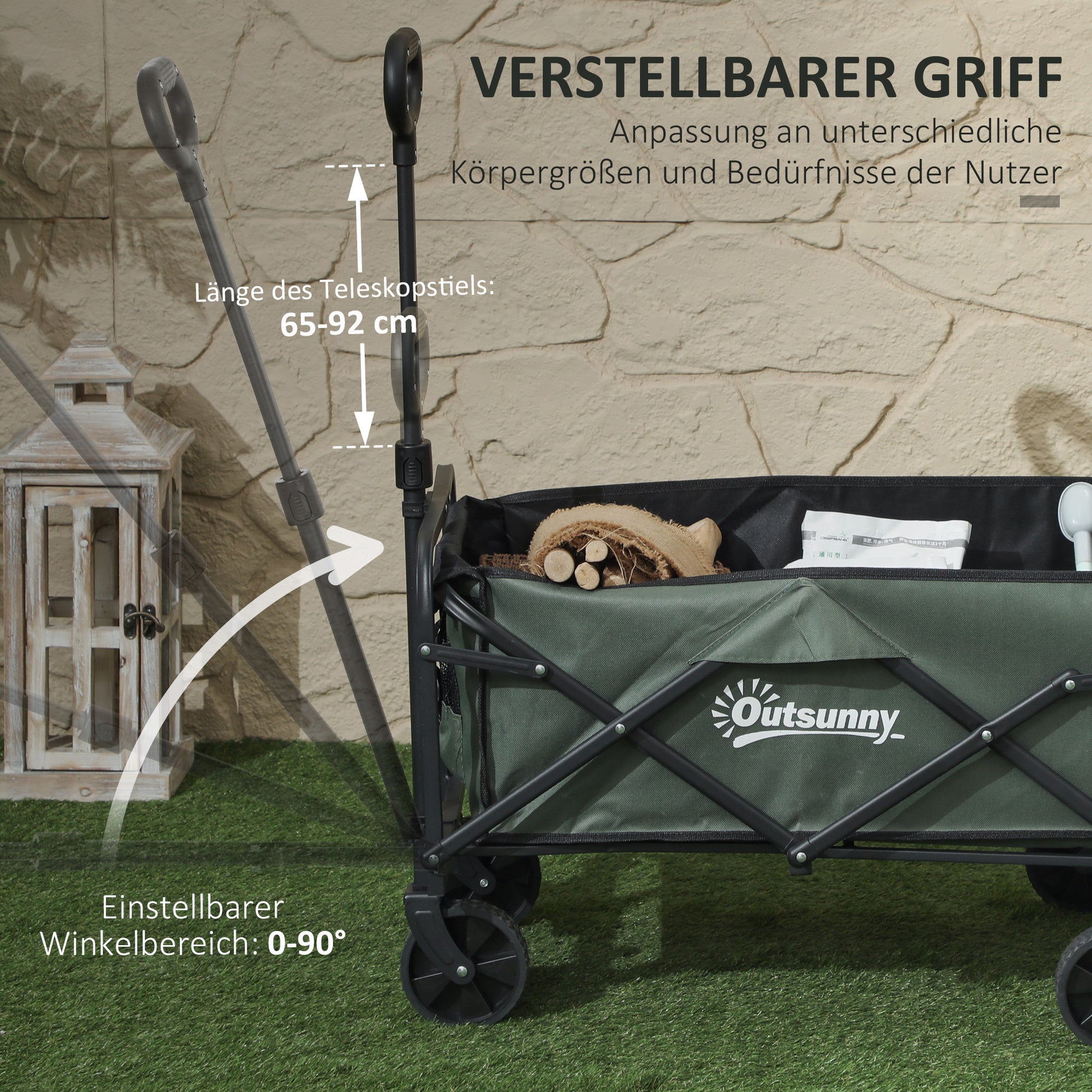Garden Cart 90 kg Load Capacity, Foldable Transport Wagon with Removable Canopy, Handle, Wheels, Swivel Axle, Beach Cart Hand Wagon Garden Cart 72 Liter Equipment Cart for Home Garden, Green