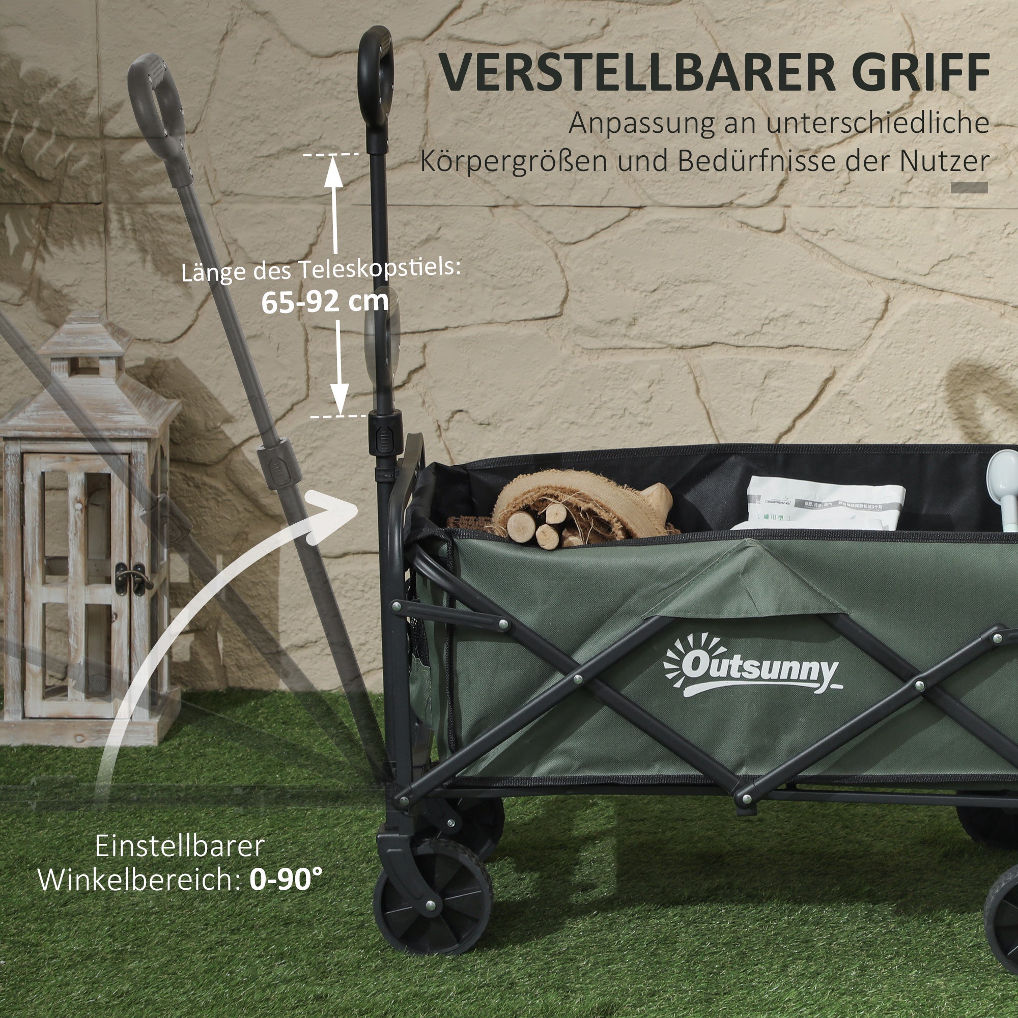 Garden Cart 90 kg Load Capacity, Foldable Transport Wagon with Removable Canopy, Handle, Wheels, Swivel Axle, Beach Cart Hand Wagon Garden Cart 72 Liter Equipment Cart for Home Garden, Green