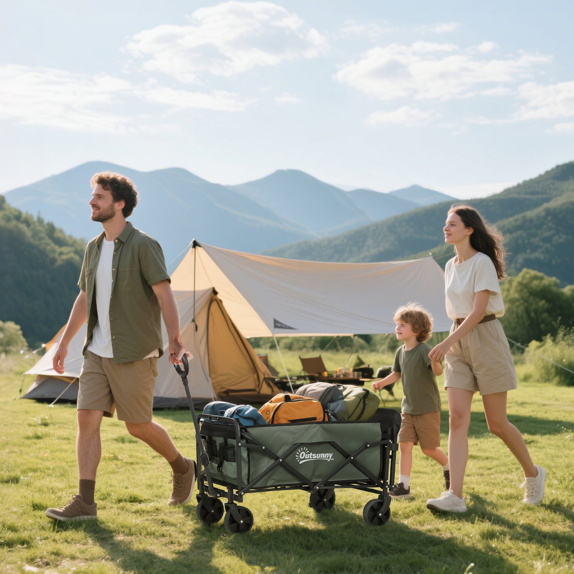 Garden Cart 90 kg Load Capacity, Foldable Transport Wagon with Removable Canopy, Handle, Wheels, Swivel Axle, Beach Cart Hand Wagon Garden Cart 72 Liter Equipment Cart for Home Garden, Green