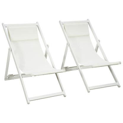 Set of 2 Folding Aluminum Sun Loungers Garden Loungers with 5-Position Adjustable Backrest and Headrest for Terrace Patio Outdoor 58x96.5x91.5 cm White