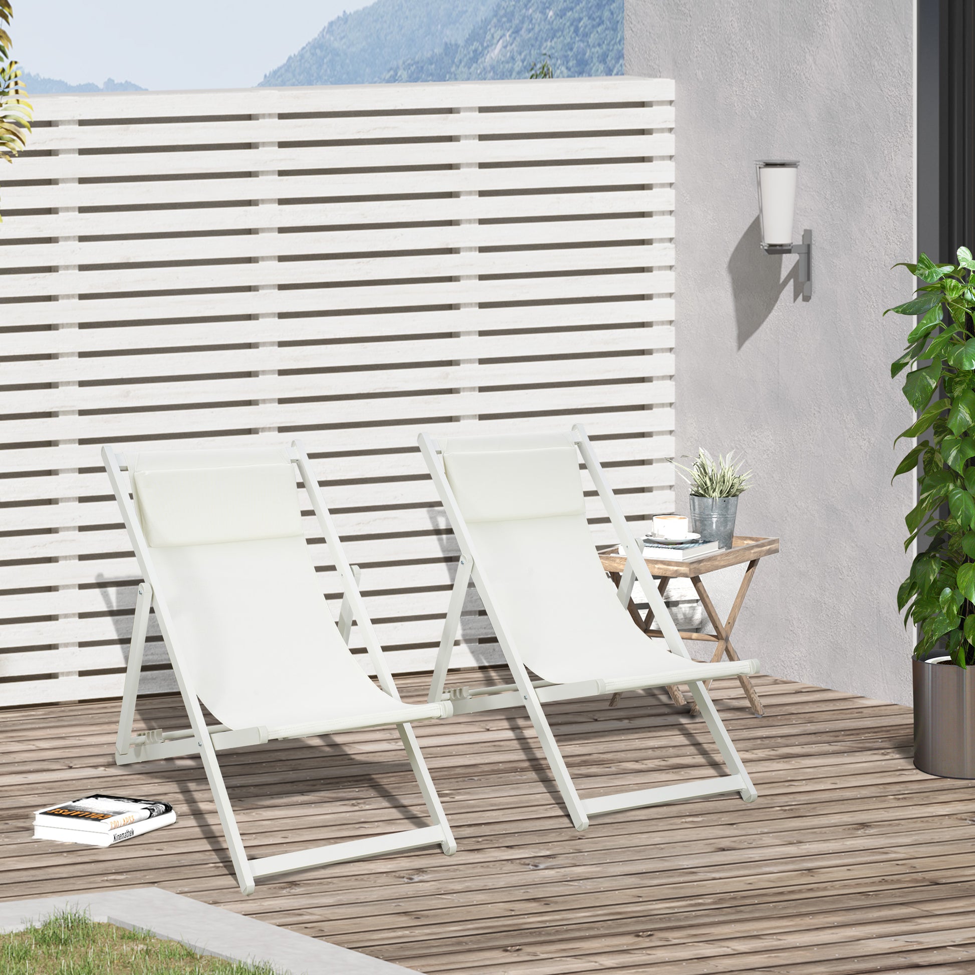 Set of 2 Folding Aluminum Sun Loungers Garden Loungers with 5-Position Adjustable Backrest and Headrest for Terrace Patio Outdoor 58x96.5x91.5 cm White