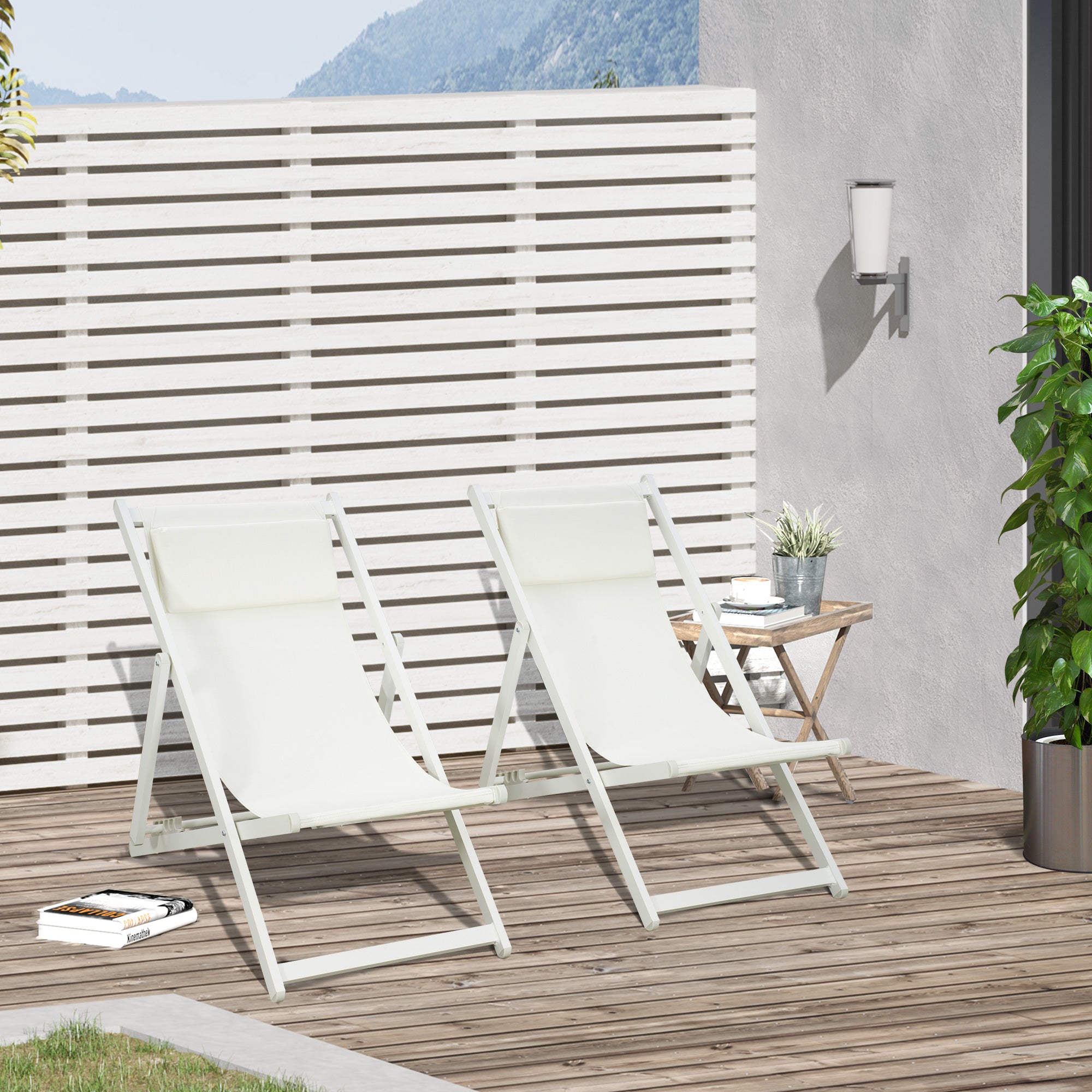 Set of 2 Folding Aluminum Sun Loungers Garden Loungers with 5-Position Adjustable Backrest and Headrest for Terrace Patio Outdoor 58x96.5x91.5 cm White