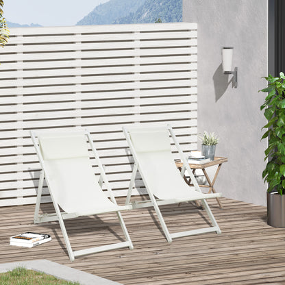 Set of 2 Folding Aluminum Sun Loungers Garden Loungers with 5-Position Adjustable Backrest and Headrest for Terrace Patio Outdoor 58x96.5x91.5 cm White