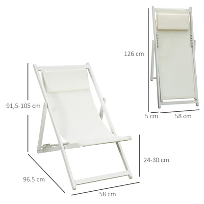 Set of 2 Folding Aluminum Sun Loungers Garden Loungers with 5-Position Adjustable Backrest and Headrest for Terrace Patio Outdoor 58x96.5x91.5 cm White