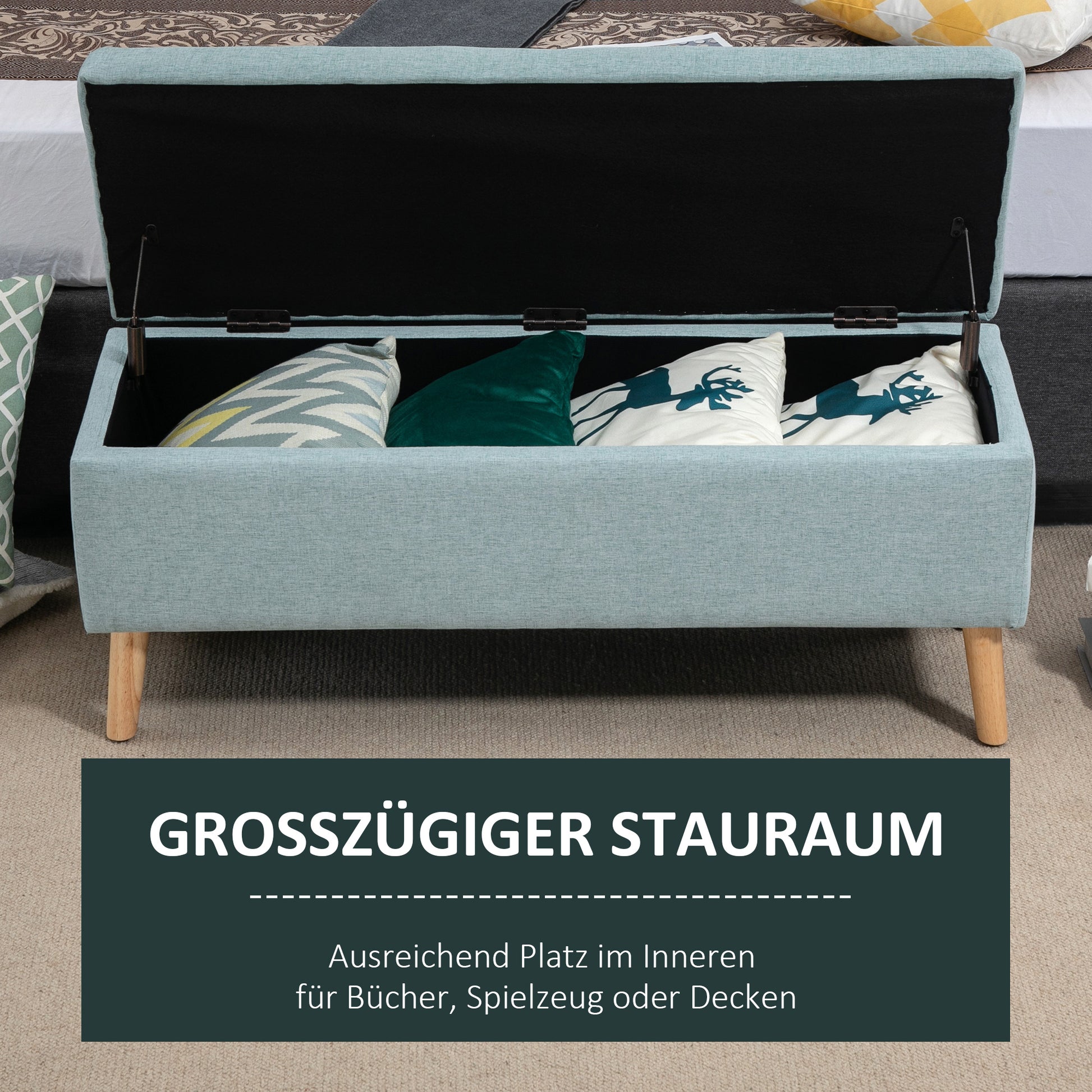 Storage Bench with Linen-Look Upholstery, Bed Bench with Wooden Legs, Storage Trunk for Living Room Bedroom Hallway 110 x 39 x 45 cm, Light Green