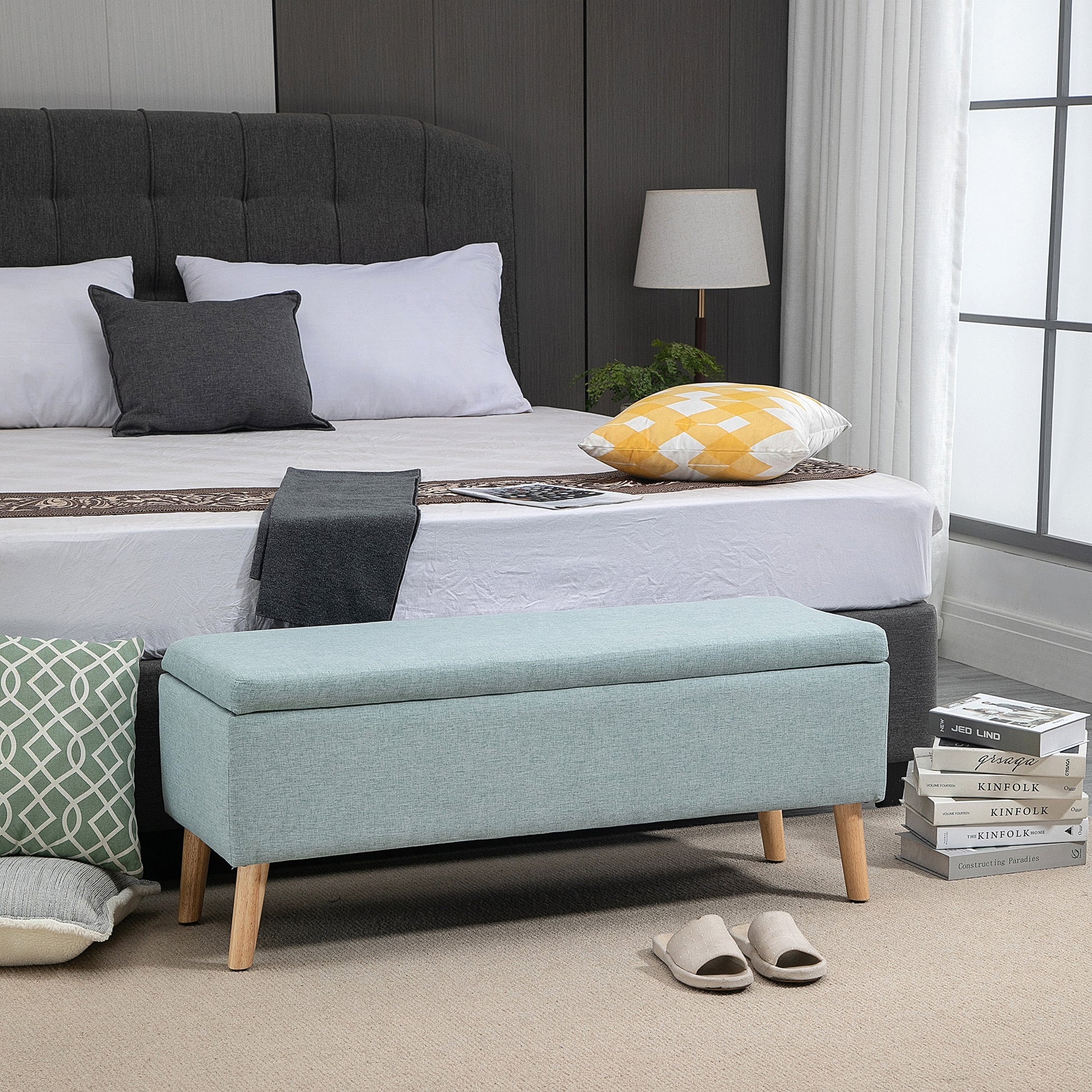 Storage Bench with Linen-Look Upholstery, Bed Bench with Wooden Legs, Storage Trunk for Living Room Bedroom Hallway 110 x 39 x 45 cm, Light Green