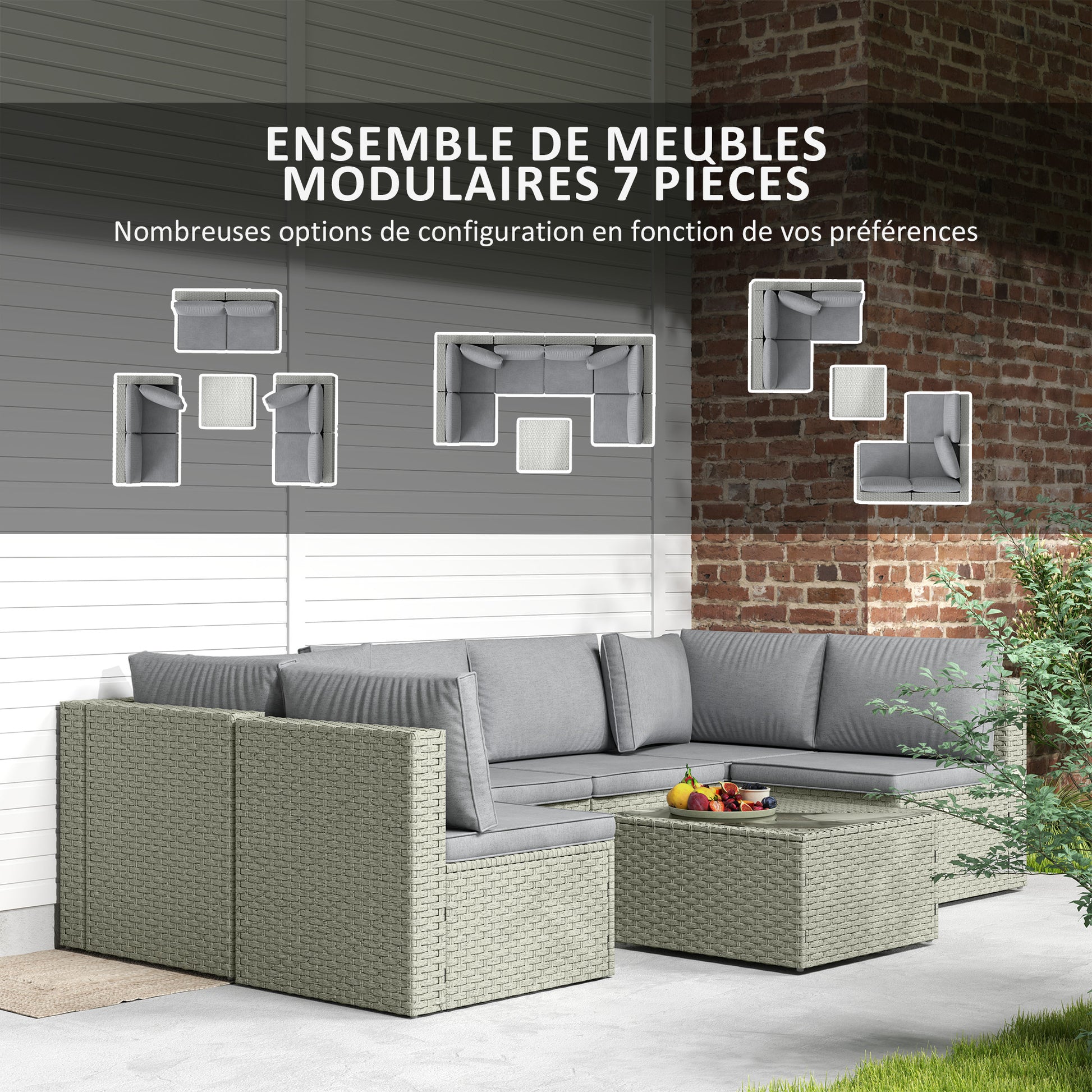 Modular Outdoor Garden Furniture Set for 6 People, Balcony Garden Furniture in Woven Resin with Sofas and Tempered Glass Coffee Table Removable Cushions Included for Patio Balcony Terrace, Brown