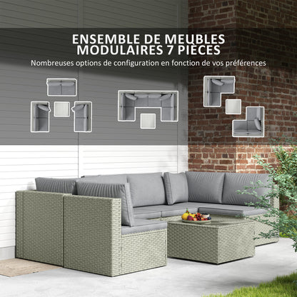 Modular Outdoor Garden Furniture Set for 6 People, Balcony Garden Furniture in Woven Resin with Sofas and Tempered Glass Coffee Table Removable Cushions Included for Patio Balcony Terrace, Brown