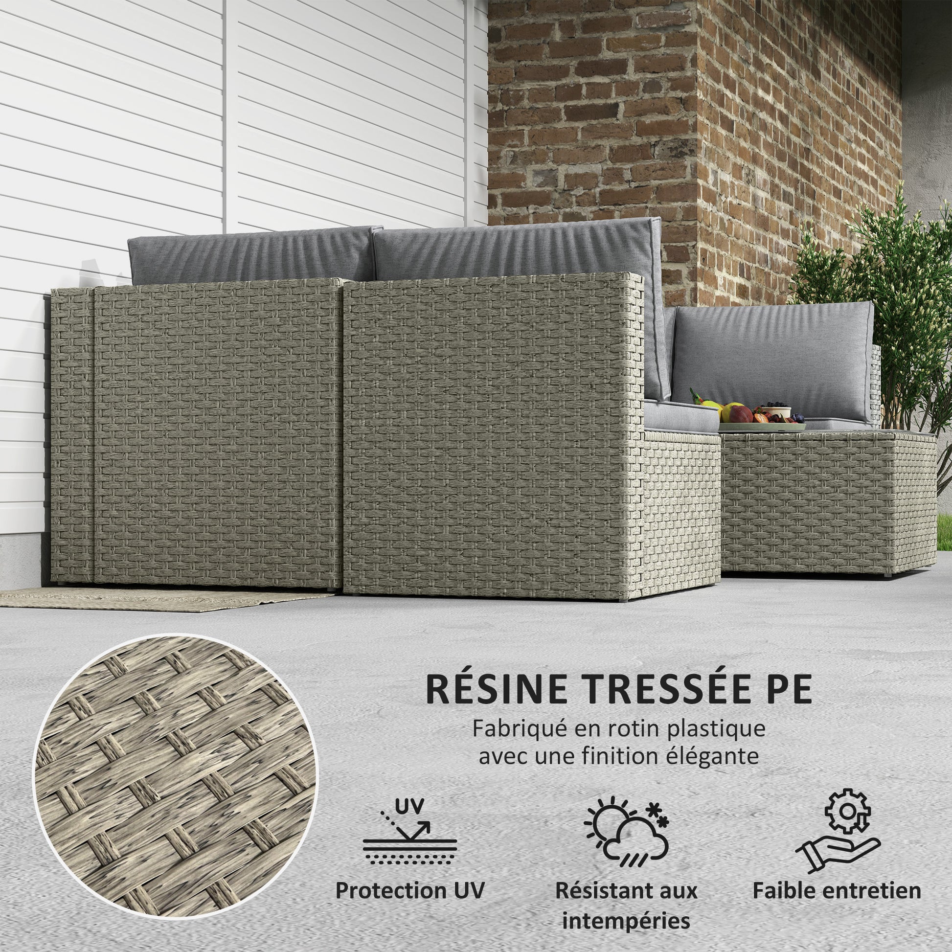 Modular Outdoor Garden Furniture Set for 6 People, Balcony Garden Furniture in Woven Resin with Sofas and Tempered Glass Coffee Table Removable Cushions Included for Patio Balcony Terrace, Brown