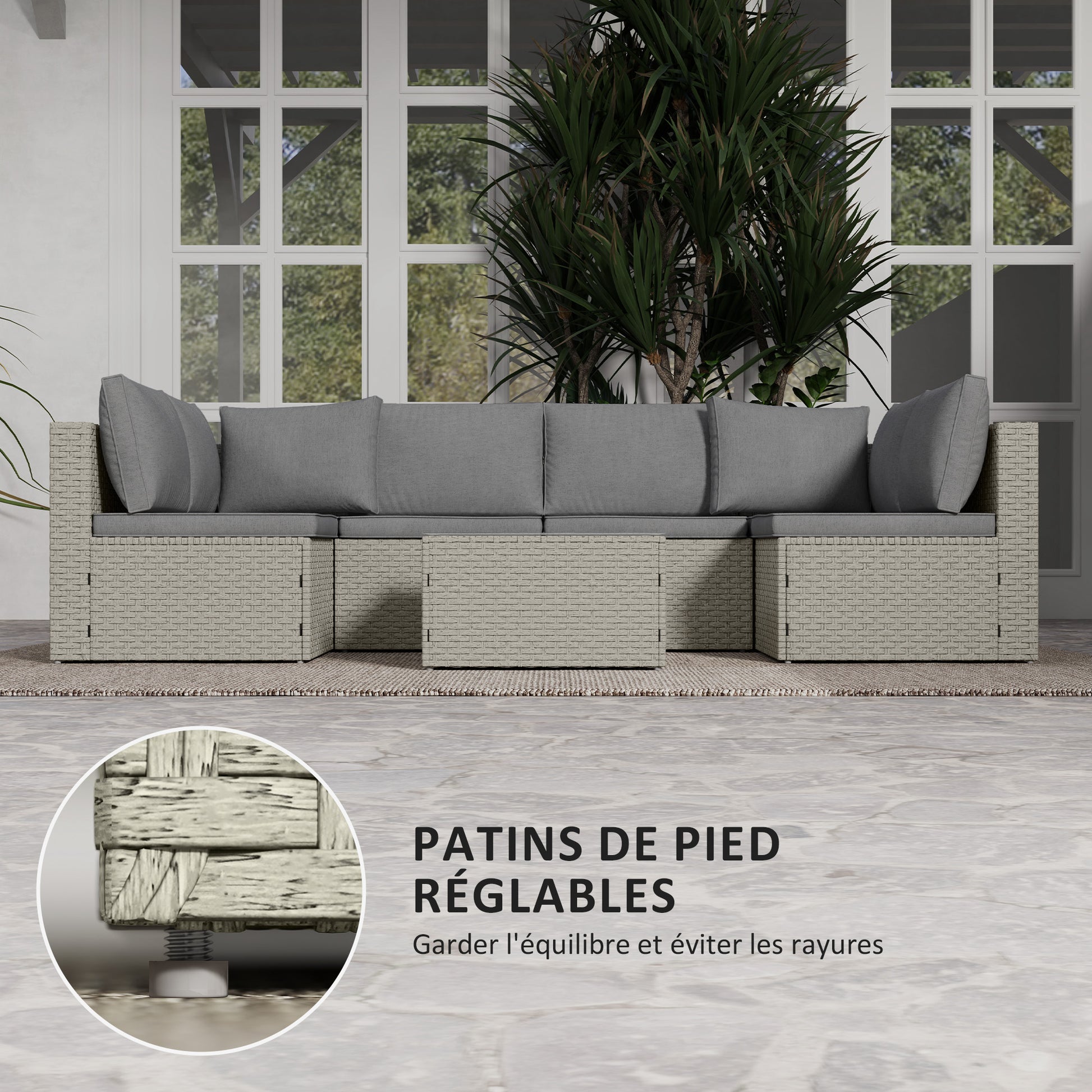 Modular Outdoor Garden Furniture Set for 6 People, Balcony Garden Furniture in Woven Resin with Sofas and Tempered Glass Coffee Table Removable Cushions Included for Patio Balcony Terrace, Brown