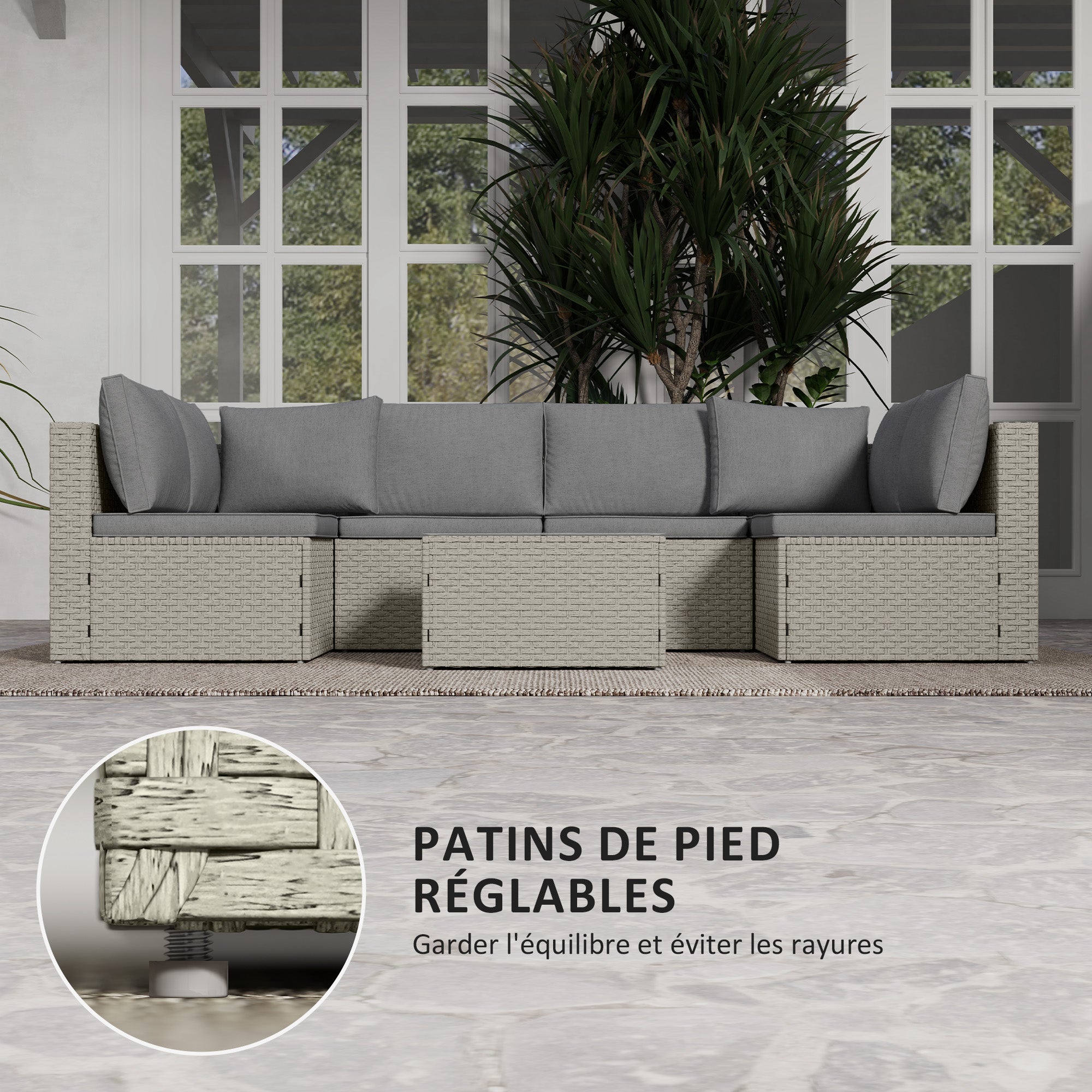 Modular Outdoor Garden Furniture Set for 6 People, Balcony Garden Furniture in Woven Resin with Sofas and Tempered Glass Coffee Table Removable Cushions Included for Patio Balcony Terrace, Brown