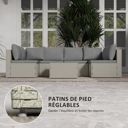 Modular Outdoor Garden Furniture Set for 6 People, Balcony Garden Furniture in Woven Resin with Sofas and Tempered Glass Coffee Table Removable Cushions Included for Patio Balcony Terrace, Brown