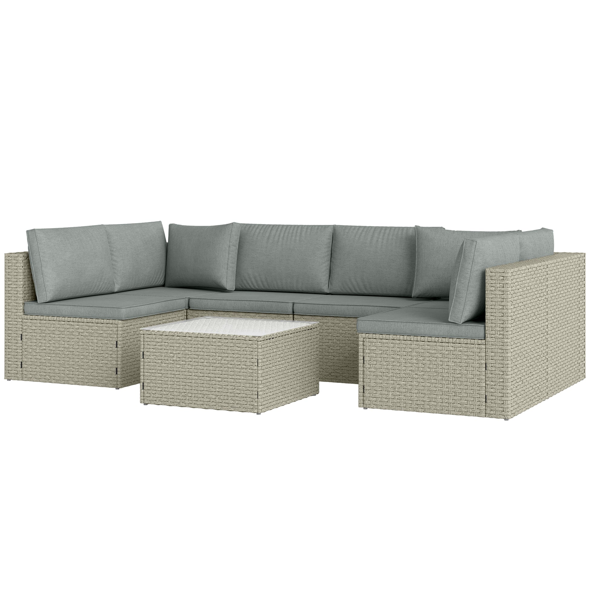 Modular Outdoor Garden Furniture Set for 6 People, Balcony Garden Furniture in Woven Resin with Sofas and Tempered Glass Coffee Table Removable Cushions Included for Patio Balcony Terrace, Brown
