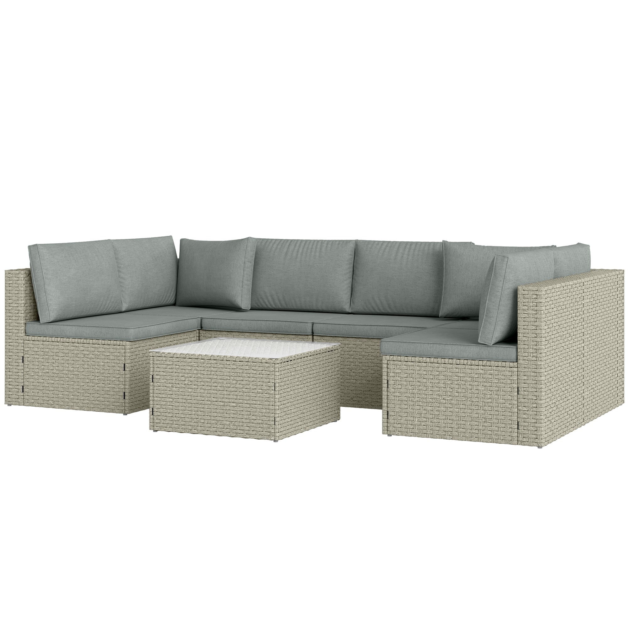 Modular Outdoor Garden Furniture Set for 6 People, Balcony Garden Furniture in Woven Resin with Sofas and Tempered Glass Coffee Table Removable Cushions Included for Patio Balcony Terrace, Brown