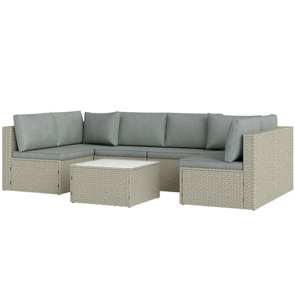 Modular Outdoor Garden Furniture Set for 6 People, Balcony Garden Furniture in Woven Resin with Sofas and Tempered Glass Coffee Table Removable Cushions Included for Patio Balcony Terrace, Brown