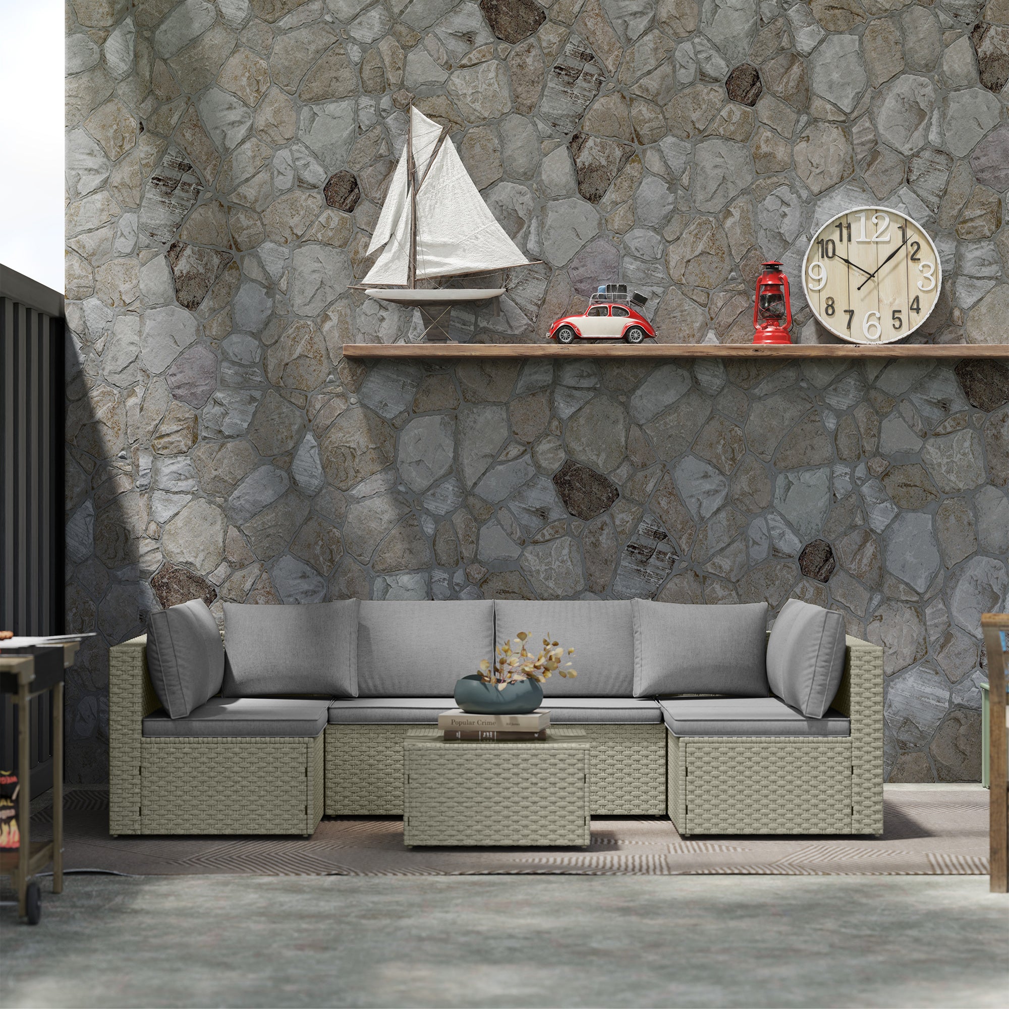 Modular Outdoor Garden Furniture Set for 6 People, Balcony Garden Furniture in Woven Resin with Sofas and Tempered Glass Coffee Table Removable Cushions Included for Patio Balcony Terrace, Brown