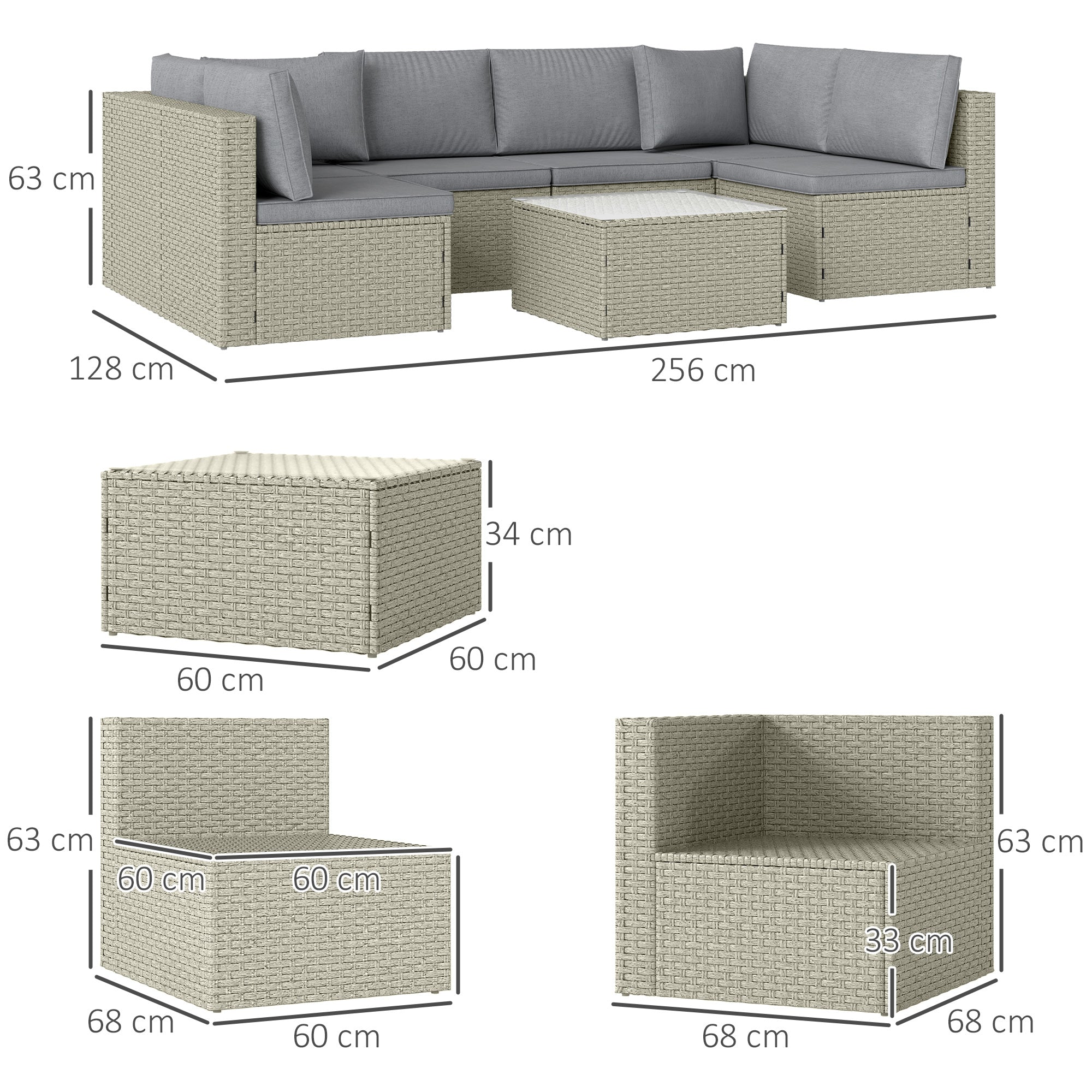 Modular Outdoor Garden Furniture Set for 6 People, Balcony Garden Furniture in Woven Resin with Sofas and Tempered Glass Coffee Table Removable Cushions Included for Patio Balcony Terrace, Brown