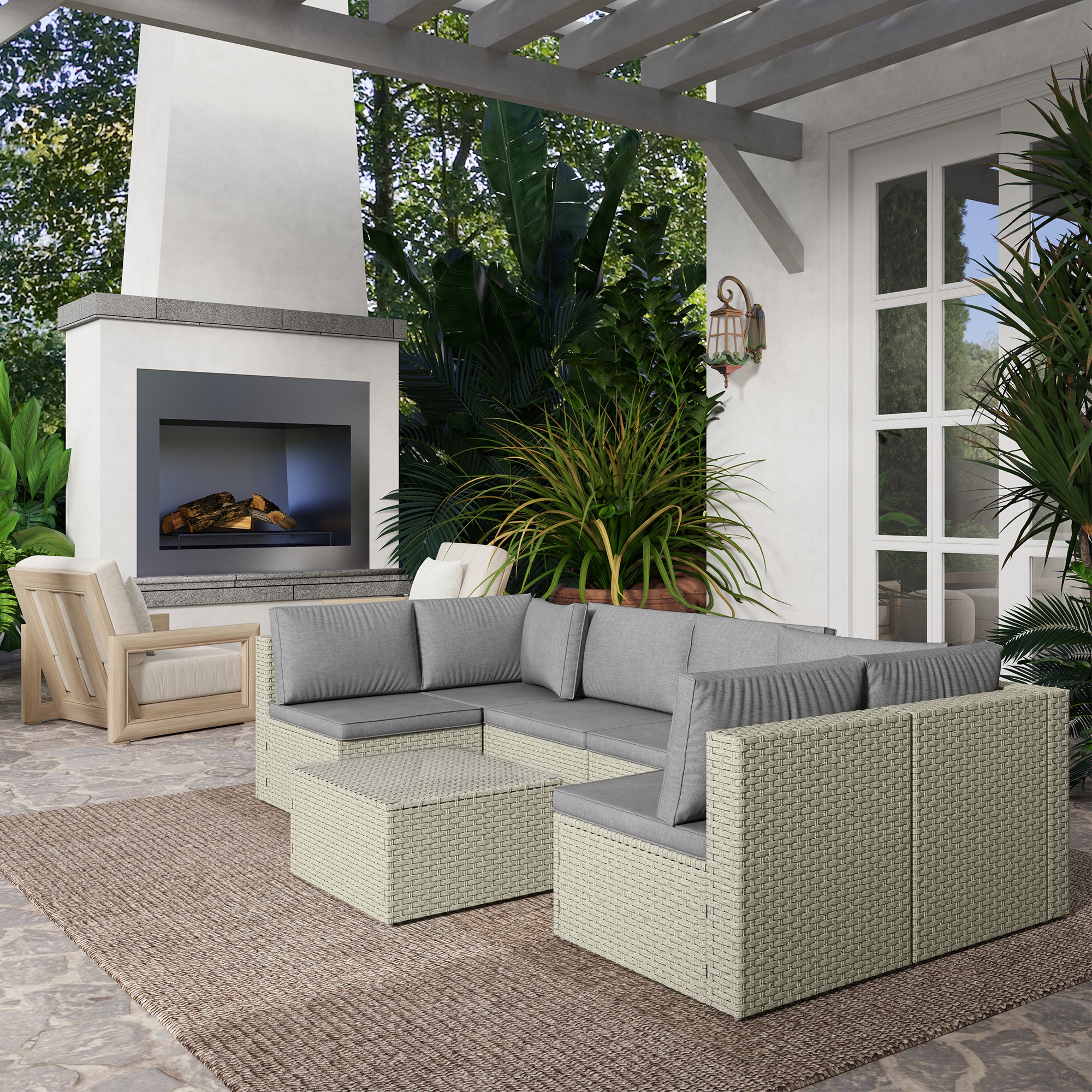 Modular Outdoor Garden Furniture Set for 6 People, Balcony Garden Furniture in Woven Resin with Sofas and Tempered Glass Coffee Table Removable Cushions Included for Patio Balcony Terrace, Brown