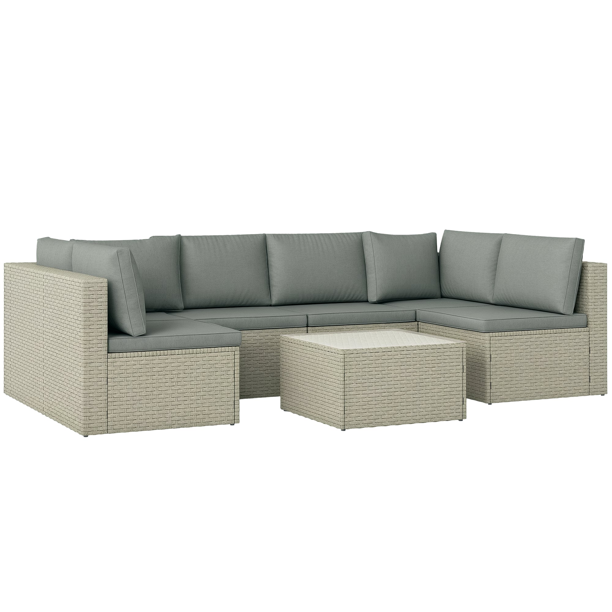 Modular Outdoor Garden Furniture Set for 6 People, Balcony Garden Furniture in Woven Resin with Sofas and Tempered Glass Coffee Table Removable Cushions Included for Patio Balcony Terrace, Brown