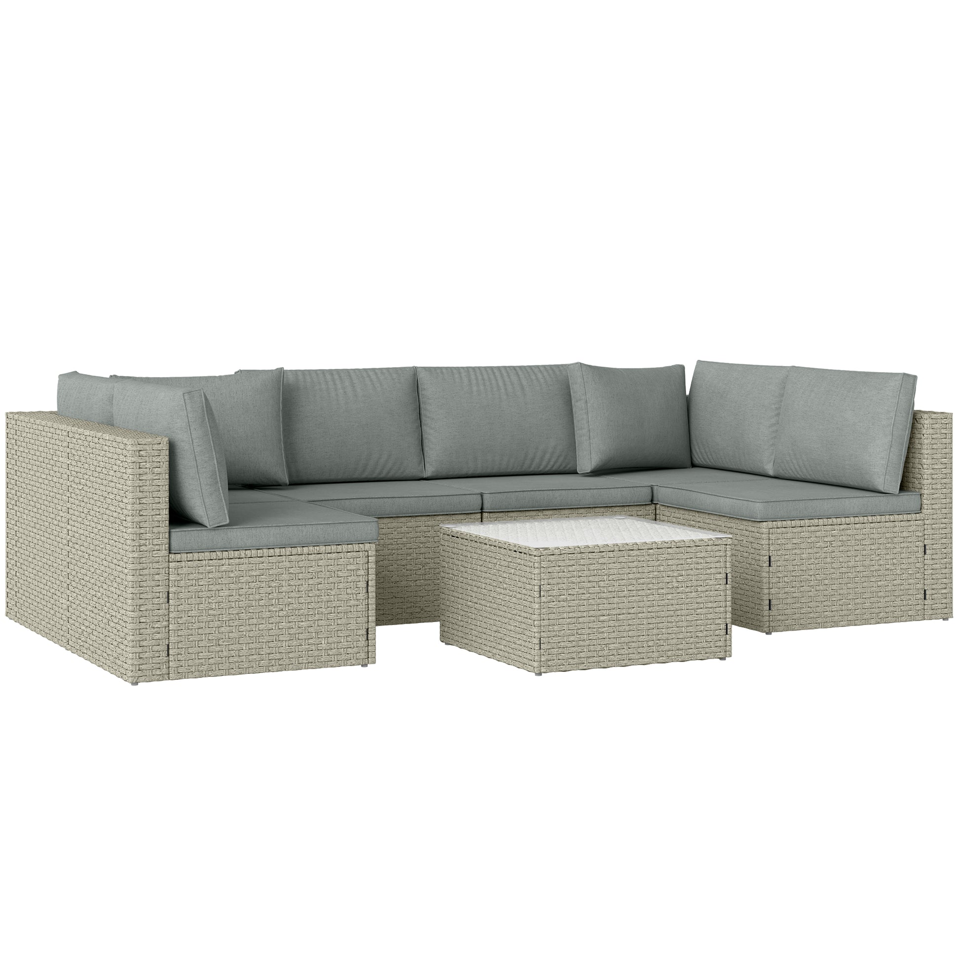 Modular Outdoor Garden Furniture Set for 6 People, Balcony Garden Furniture in Woven Resin with Sofas and Tempered Glass Coffee Table Removable Cushions Included for Patio Balcony Terrace, Brown