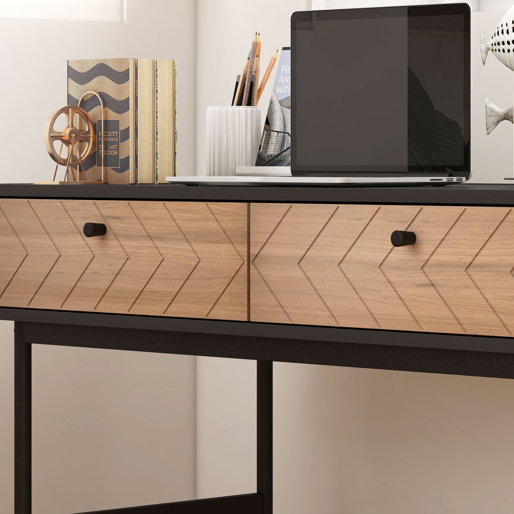 Desk with Storage Computer Desk with Drawers, Metal Frame, 106L x 50W x 77H cm Black