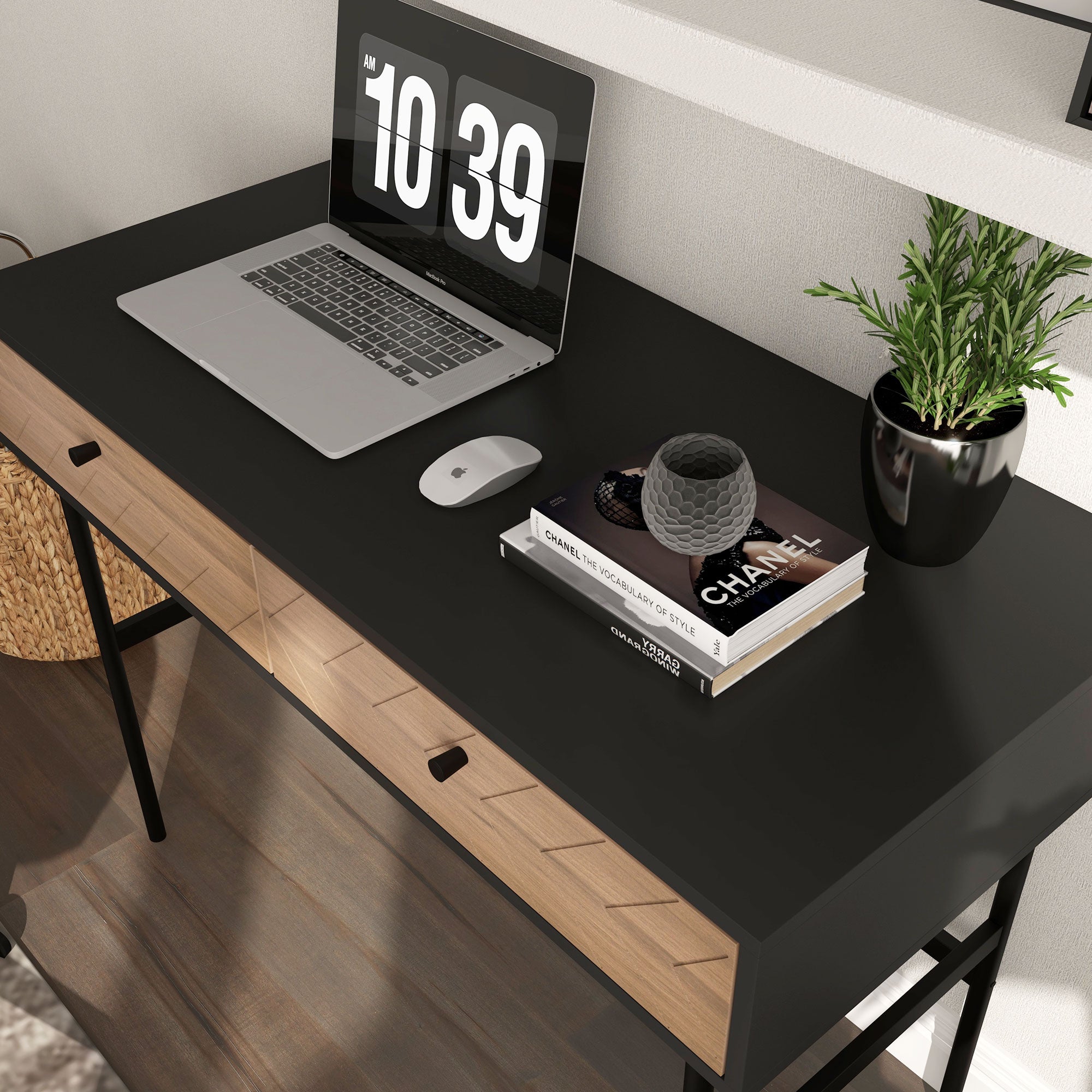 Desk with Storage Computer Desk with Drawers, Metal Frame, 106L x 50W x 77H cm Black