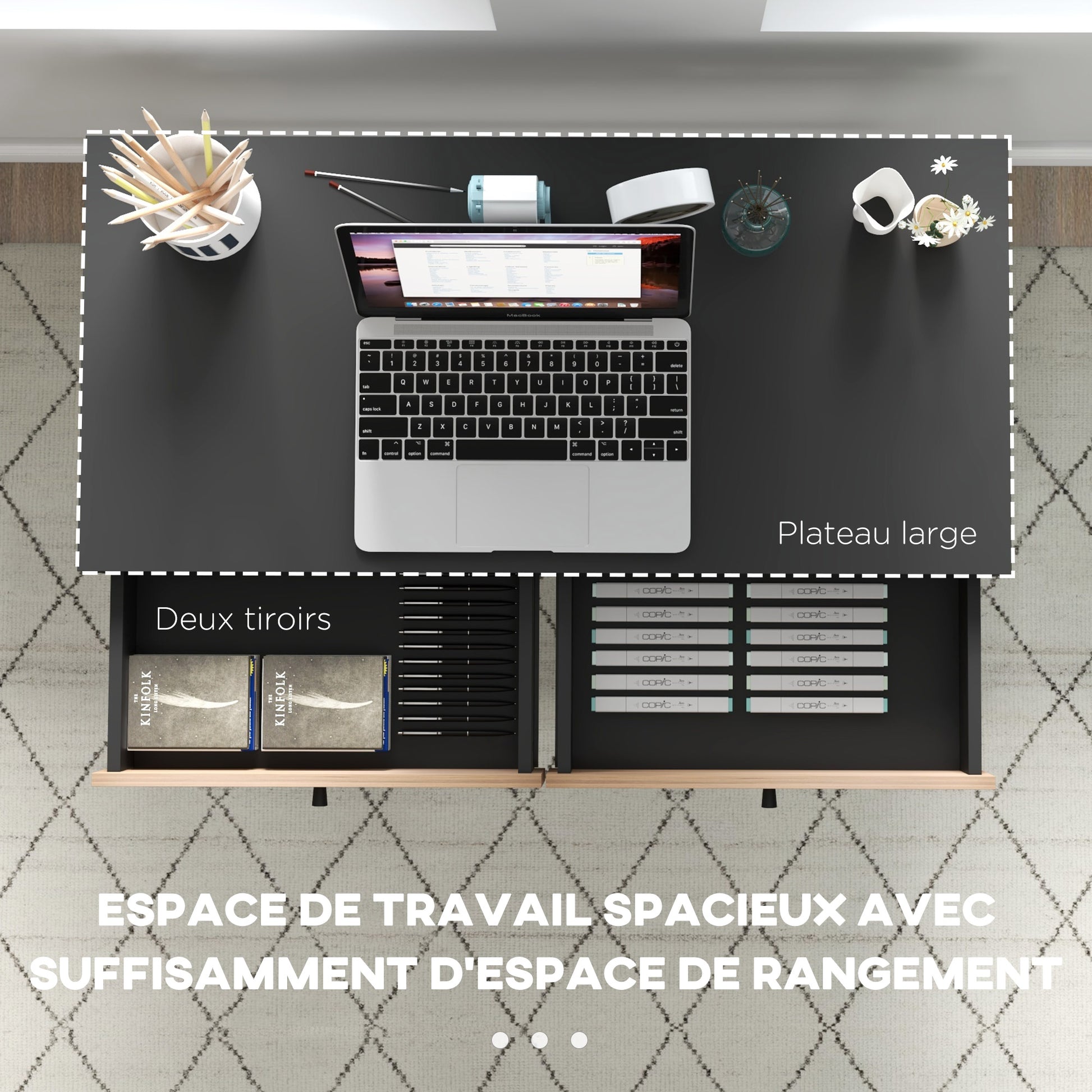 Desk with Storage Computer Desk with Drawers, Metal Frame, 106L x 50W x 77H cm Black