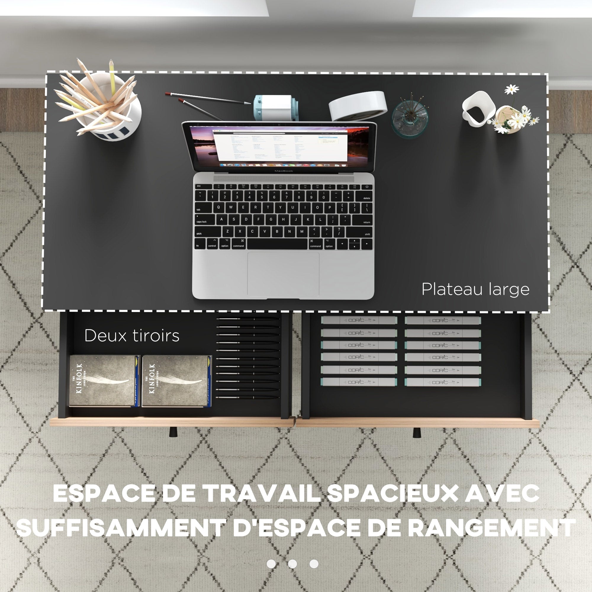 Desk with Storage Computer Desk with Drawers, Metal Frame, 106L x 50W x 77H cm Black