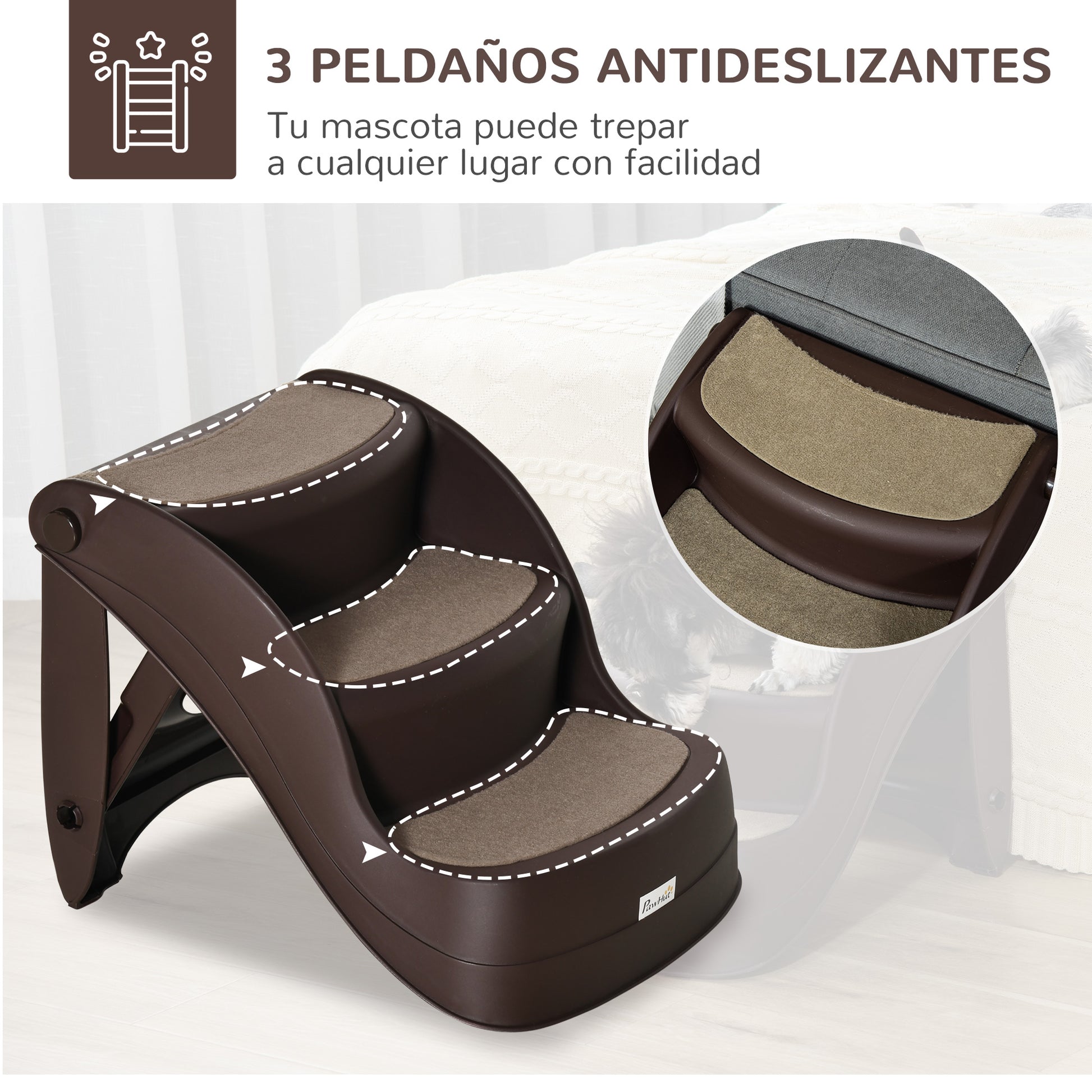 3-Step Foldable Dog Staircase Plastic Pet Steps with Non-Slip Carpet for Bed Sofa 15 kg Load Capacity 49x38x38 cm Brown