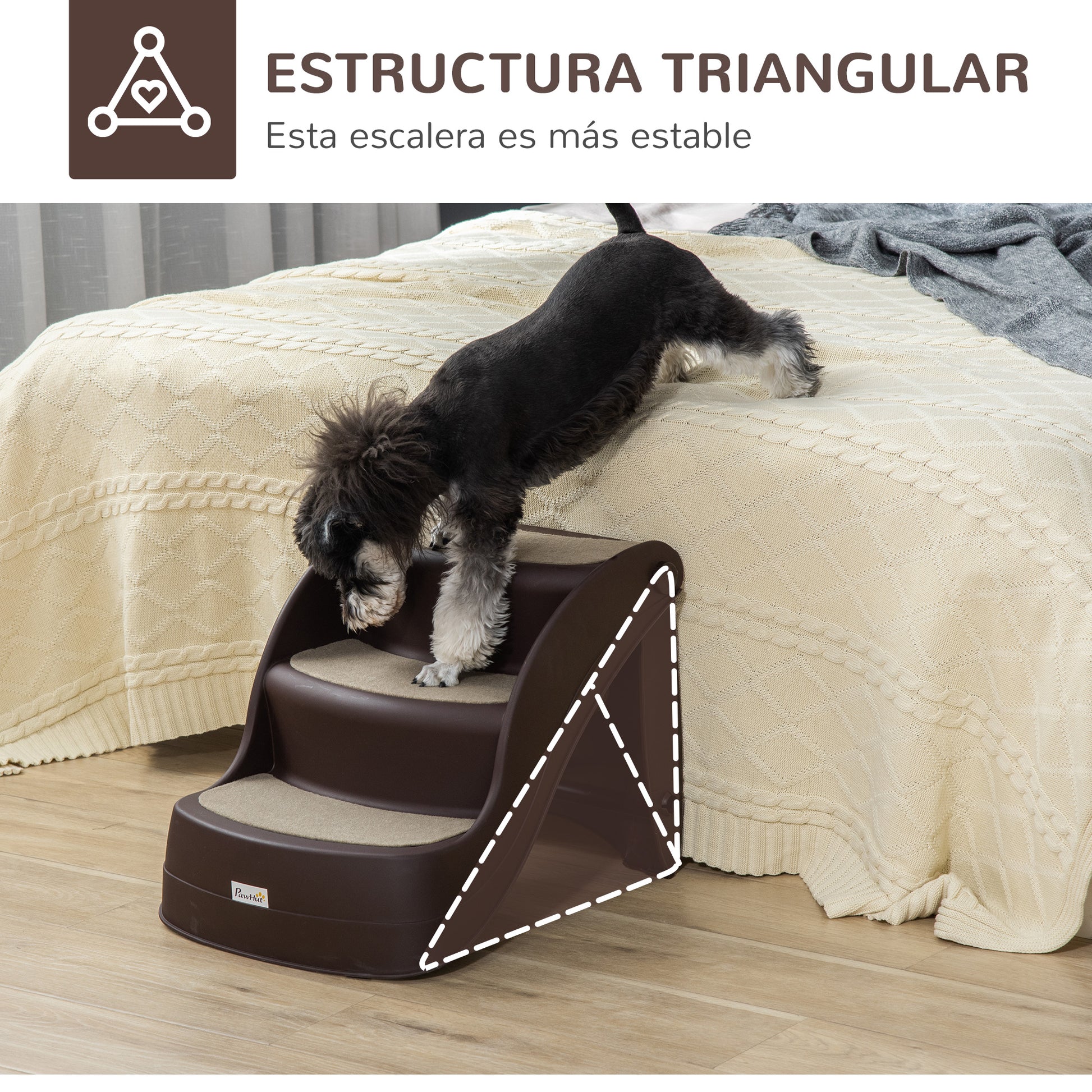 3-Step Foldable Dog Staircase Plastic Pet Steps with Non-Slip Carpet for Bed Sofa 15 kg Load Capacity 49x38x38 cm Brown