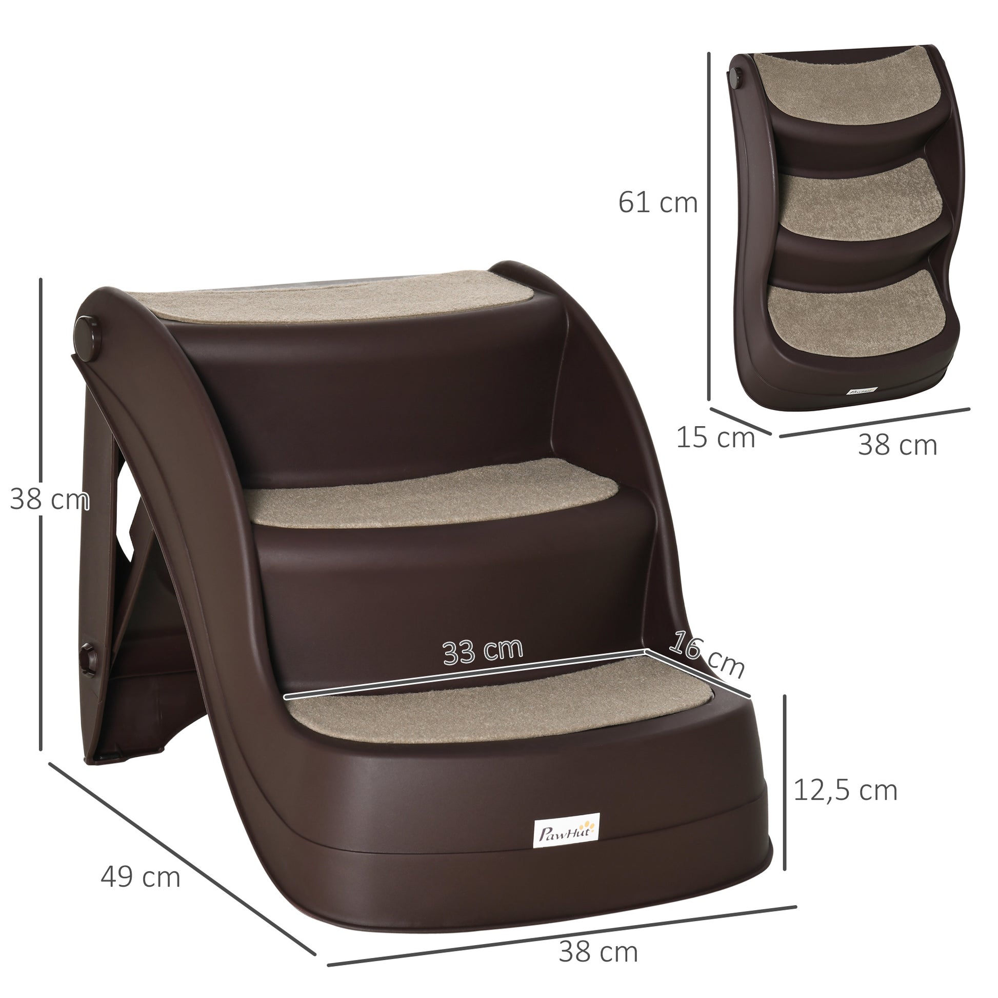 3-Step Foldable Dog Staircase Plastic Pet Steps with Non-Slip Carpet for Bed Sofa 15 kg Load Capacity 49x38x38 cm Brown