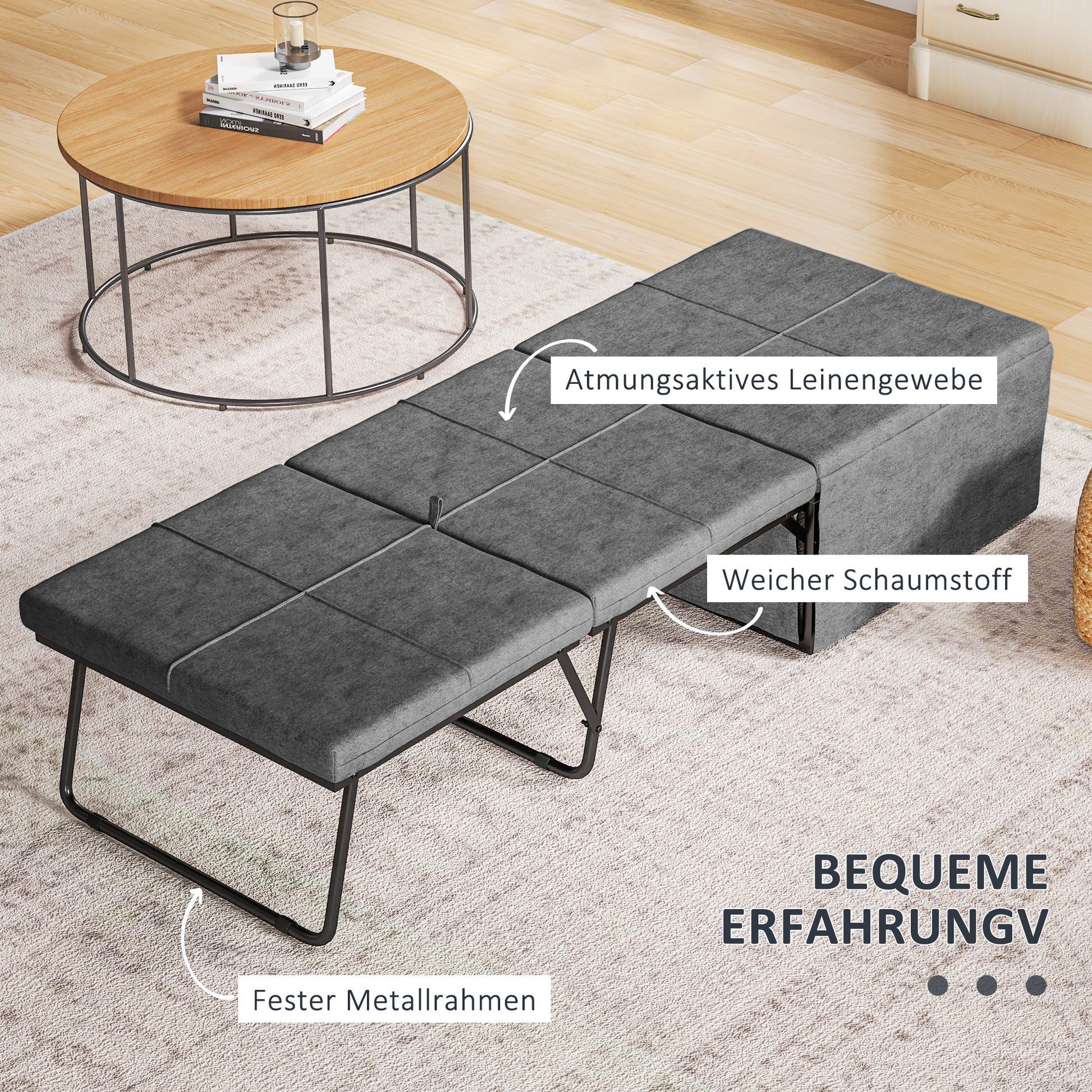 folding bed approx. 190x60 cm guest bed with 8cm foam mattress, foldable travel bed, adult single bed, metal bed up to 120 kg load capacity, folding bed for office, guest room, Gray