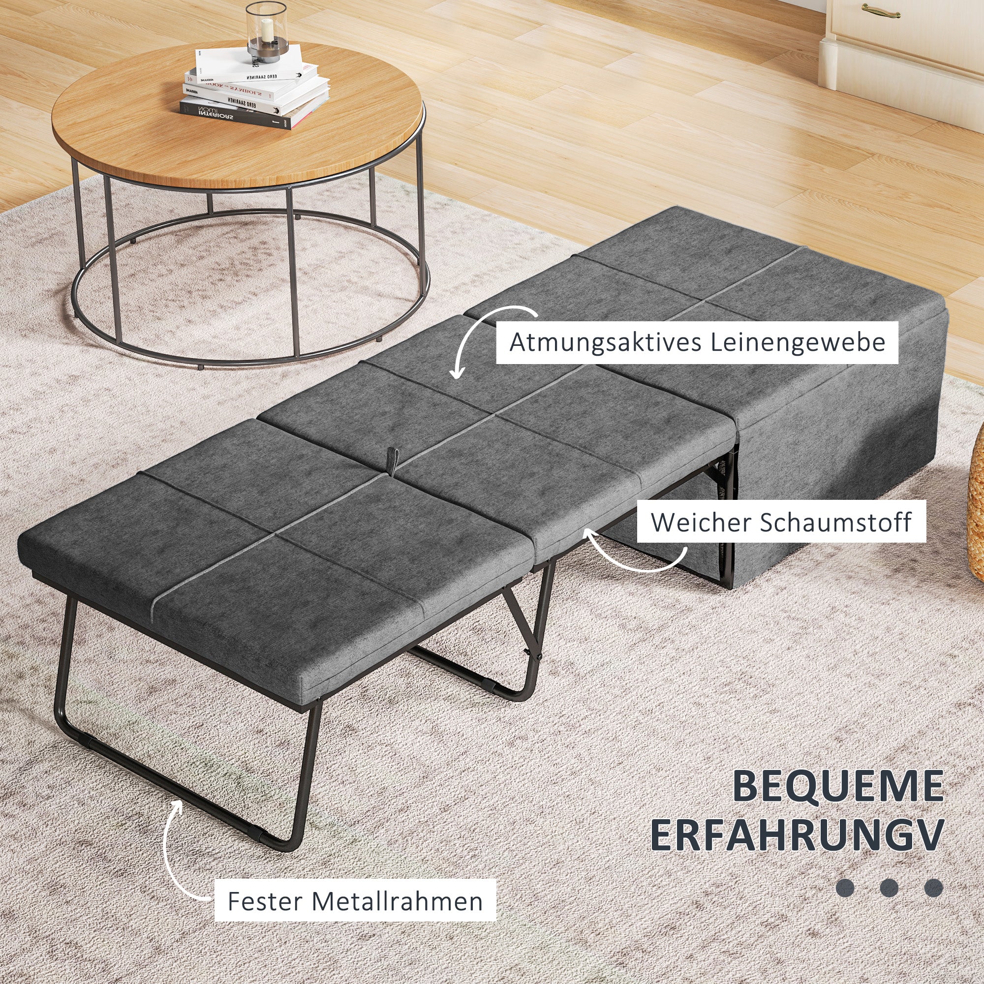 folding bed approx. 190x60 cm guest bed with 8cm foam mattress, foldable travel bed, adult single bed, metal bed up to 120 kg load capacity, folding bed for office, guest room, Gray