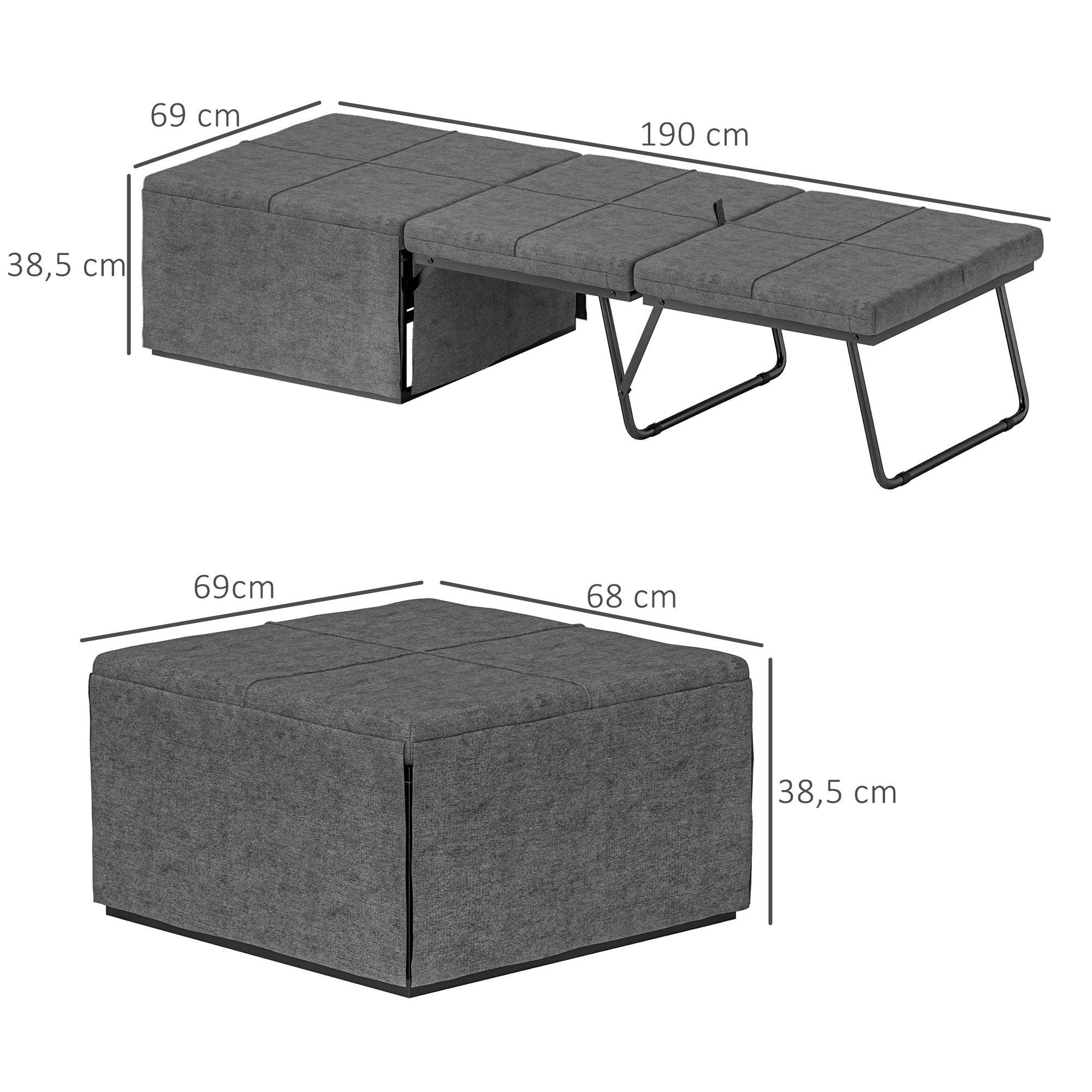folding bed approx. 190x60 cm guest bed with 8cm foam mattress, foldable travel bed, adult single bed, metal bed up to 120 kg load capacity, folding bed for office, guest room, Gray