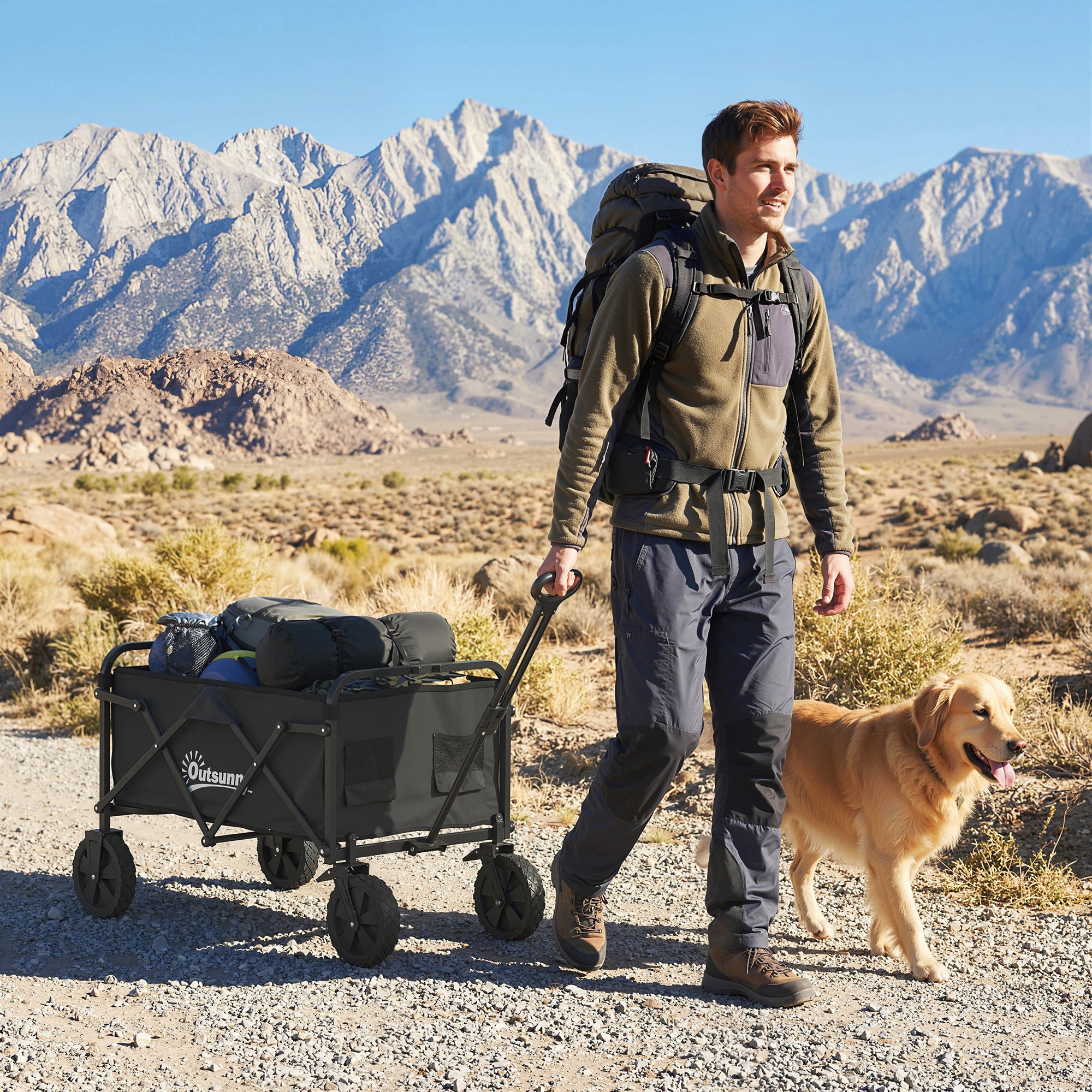 Folding Beach Wagon with Locking Large Wheels, Adjustable Handle, Cup Holder, Metal Frame — 176 lb Capacity, Black