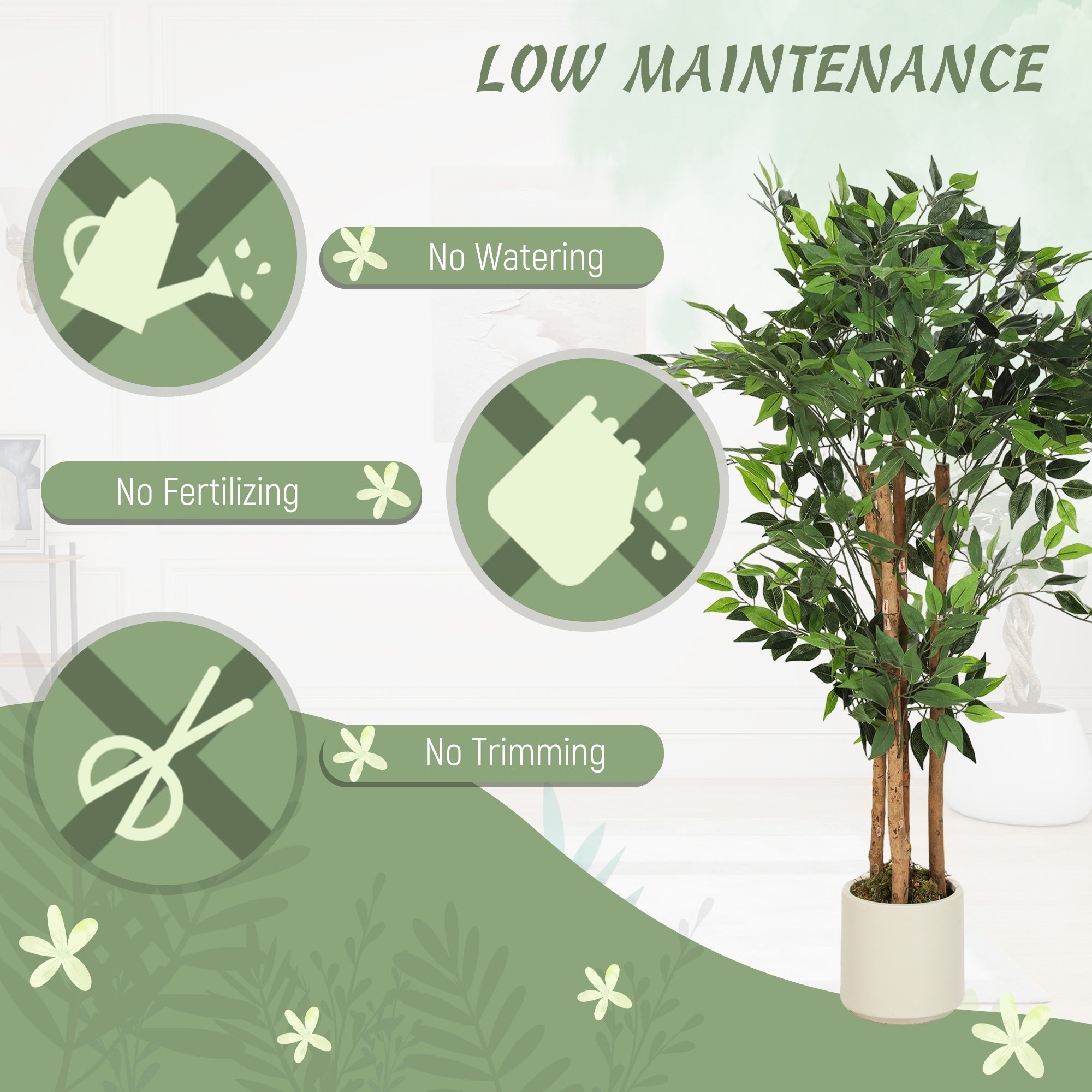 Artificial Banyan Tree with Adjustable Branches — White PP & Cement Planter, Realistic PEVA Leaves & Wood Trunk, 47.2 in