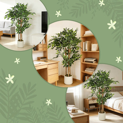 Artificial Banyan Tree with Adjustable Branches — White PP & Cement Planter, Realistic PEVA Leaves & Wood Trunk, 47.2 in