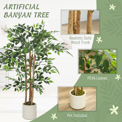 Artificial Banyan Tree with Adjustable Branches — White PP & Cement Planter, Realistic PEVA Leaves & Wood Trunk, 47.2 in