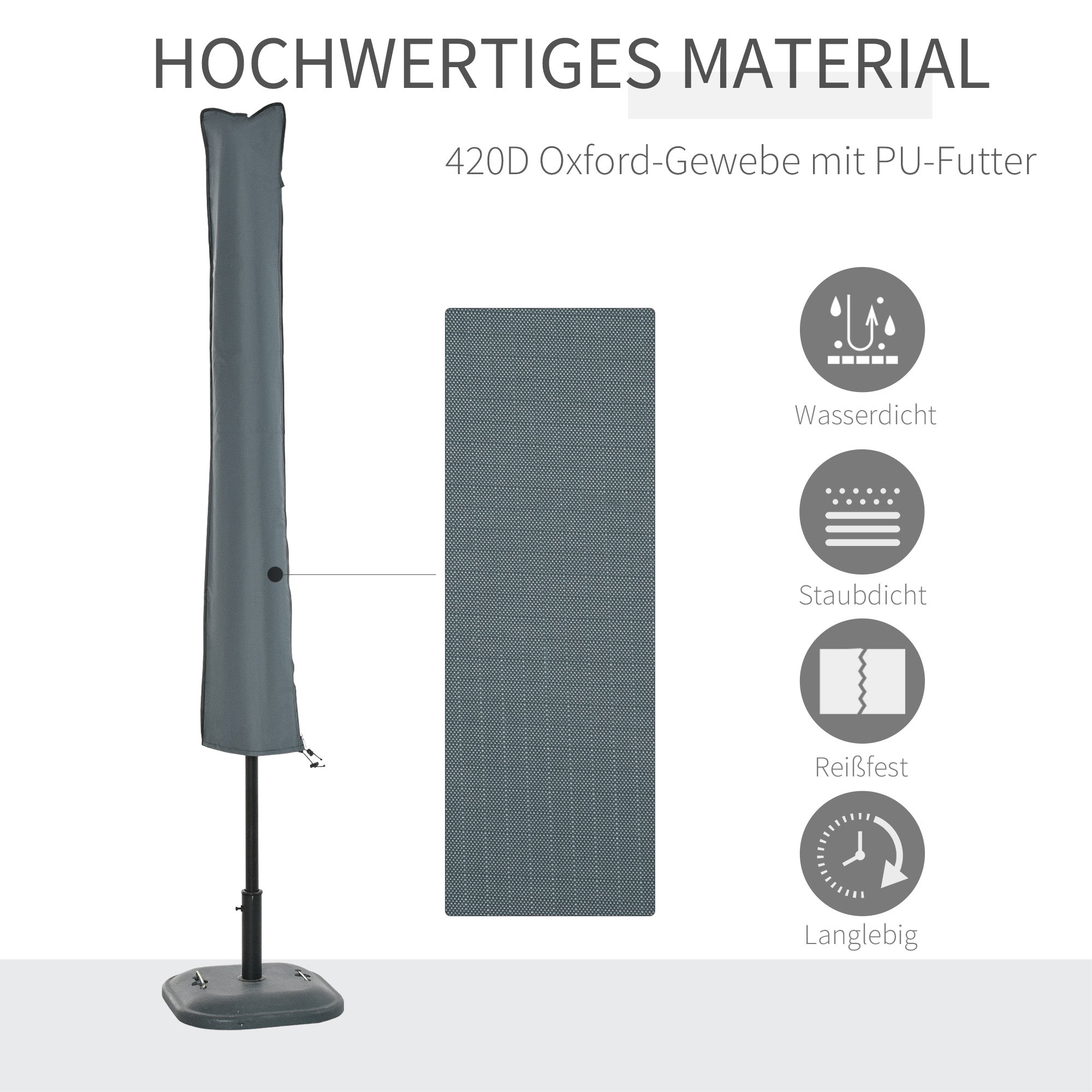 Umbrella Cover Umbrella Protective Cover, Weatherproof, Fixing Strap, Zipper, Oxford Polyester, Gray, 178 x 25/35 cm