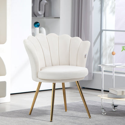 Shell Chair Velvet Dressing Chair Lounge Chair with Golden Metal Legs for Living Room Bedroom and Dining Room 67W x 64D x 77H cm Cream