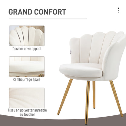 Shell Chair Velvet Dressing Chair Lounge Chair with Golden Metal Legs for Living Room Bedroom and Dining Room 67W x 64D x 77H cm Cream