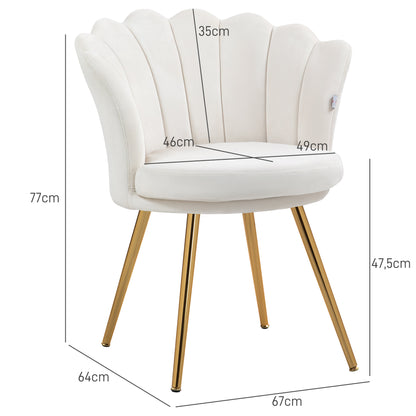 Shell Chair Velvet Dressing Chair Lounge Chair with Golden Metal Legs for Living Room Bedroom and Dining Room 67W x 64D x 77H cm Cream