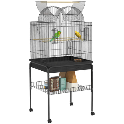 Bird Cage Budgie Cage with Tray, Shelf, Feeding Cups, Parrot Cage with Wheels for Budgie, Canary, Cockatiel, Steel 63 x 53 x 144 cm Black