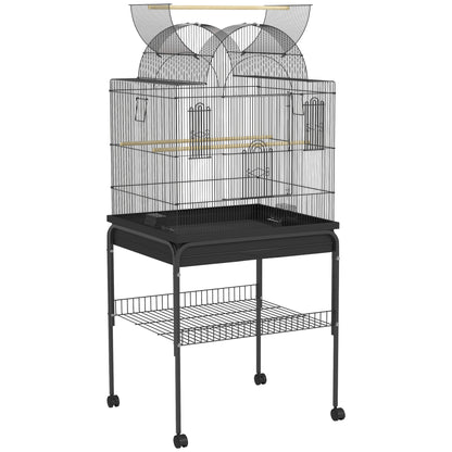 Bird Cage Budgie Cage with Tray, Shelf, Feeding Cups, Parrot Cage with Wheels for Budgie, Canary, Cockatiel, Steel 63 x 53 x 144 cm Black
