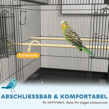 Bird Cage Budgie Cage with Tray, Shelf, Feeding Cups, Parrot Cage with Wheels for Budgie, Canary, Cockatiel, Steel 63 x 53 x 144 cm Black