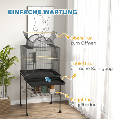 Bird Cage Budgie Cage with Tray, Shelf, Feeding Cups, Parrot Cage with Wheels for Budgie, Canary, Cockatiel, Steel 63 x 53 x 144 cm Black